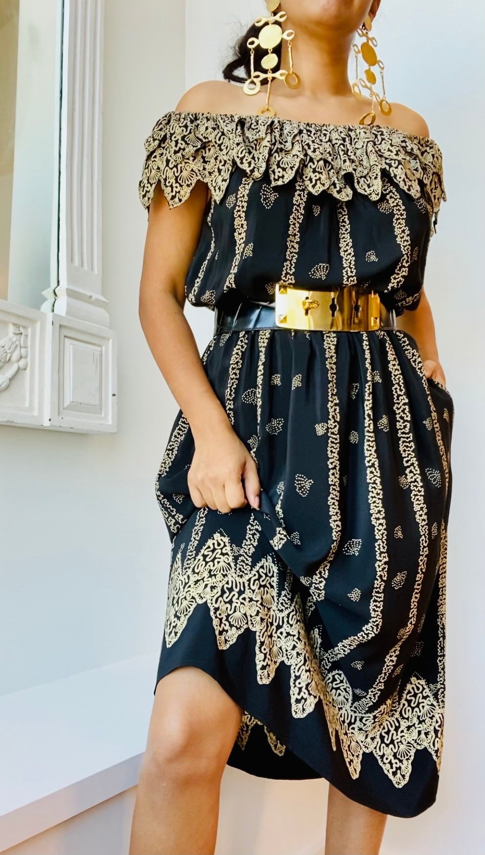 70s Zandra RHODES London Silk Iconic Print Black off The Shoulders Dress Medium