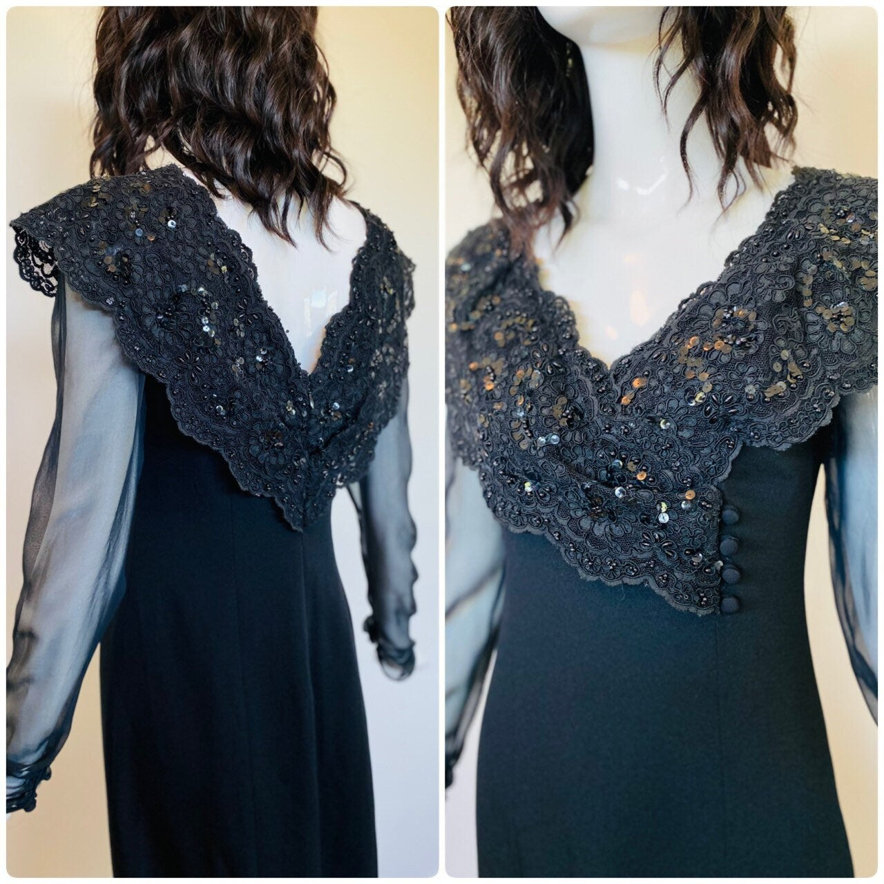 80s Pierre BALMAIN Paris Couture Black Crepe Shift Chiffon Sheer Long Sleeve Lace Beaded Collar High Slit Dress LBD