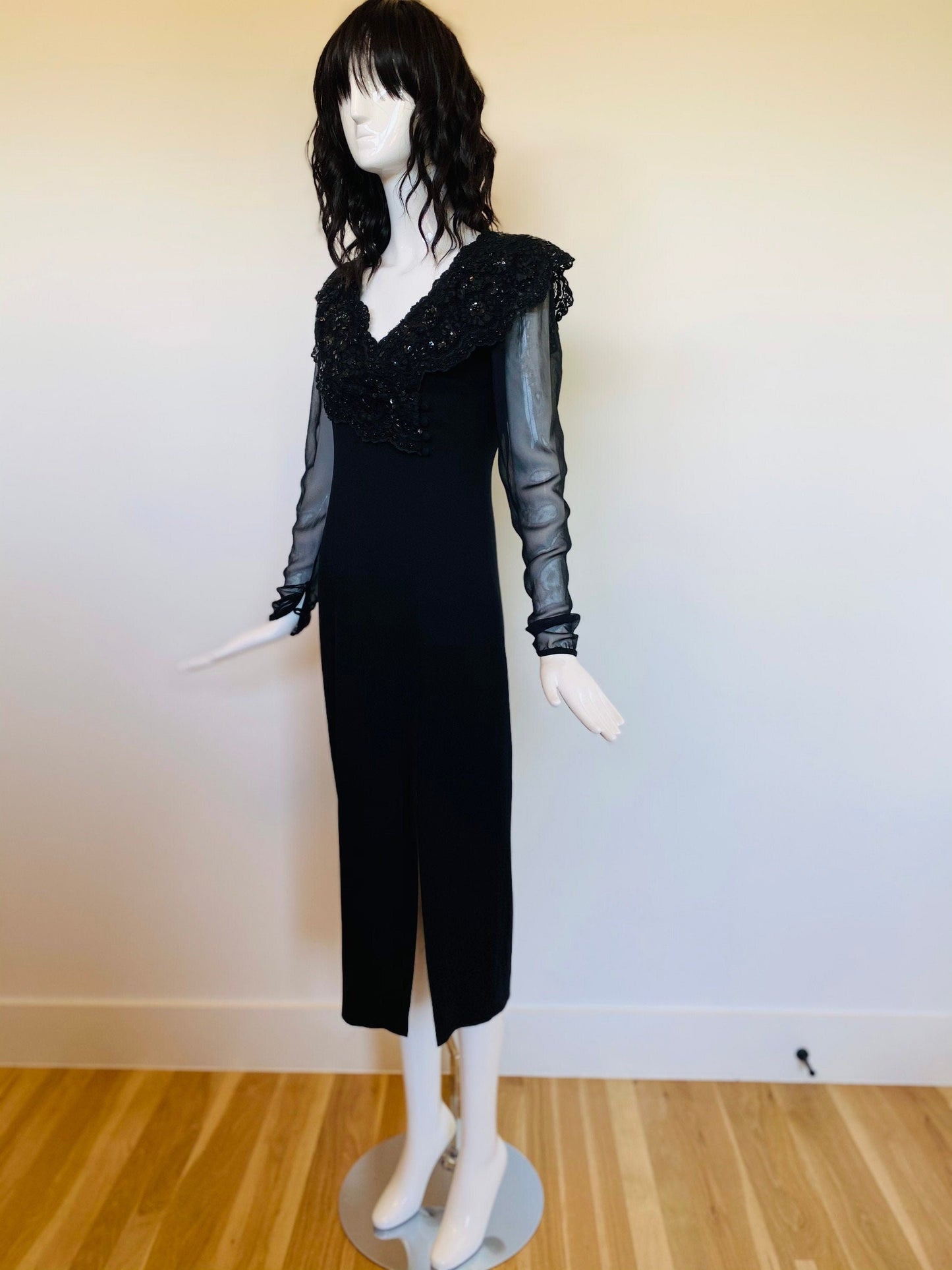 80s Pierre BALMAIN Paris Couture Black Crepe Shift Chiffon Sheer Long Sleeve Lace Beaded Collar High Slit Dress LBD