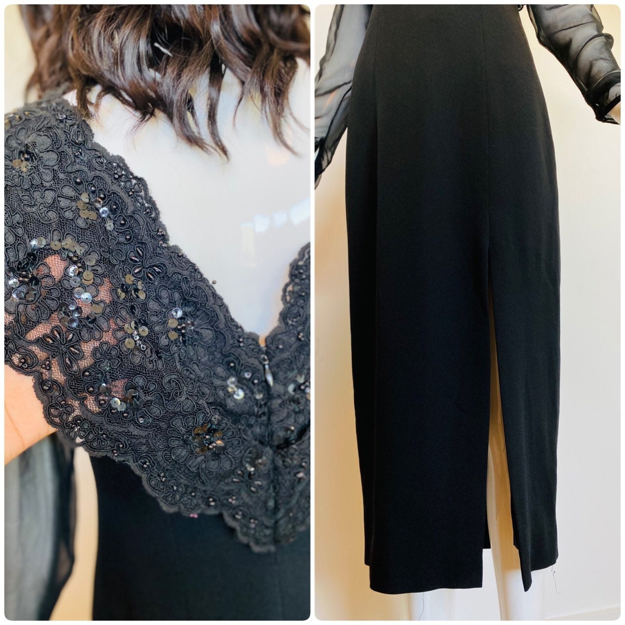 80s Pierre BALMAIN Paris Couture Black Crepe Shift Chiffon Sheer Long Sleeve Lace Beaded Collar High Slit Dress LBD