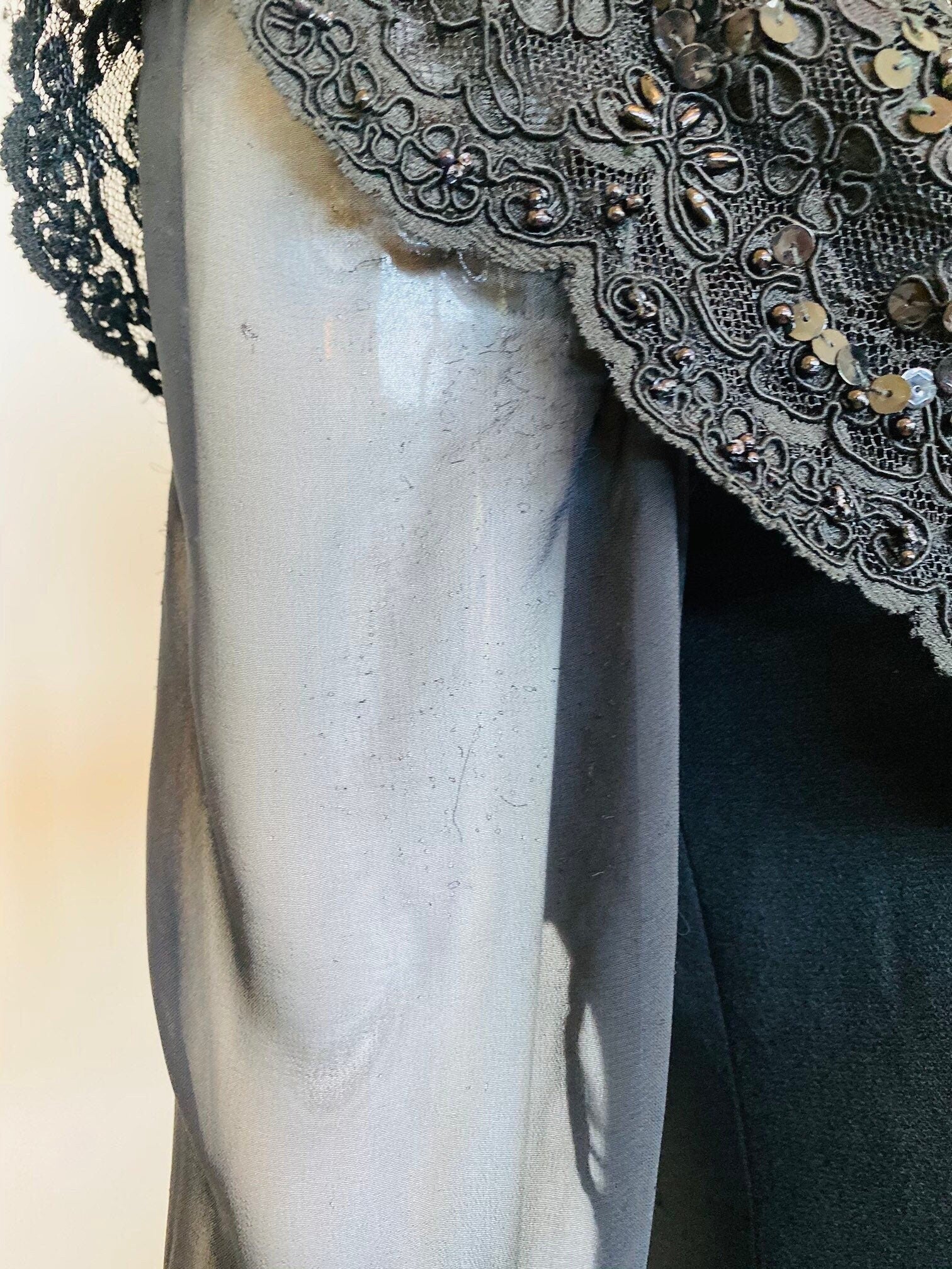 80s Pierre BALMAIN Paris Couture Black Crepe Shift Chiffon Sheer Long Sleeve Lace Beaded Collar High Slit Dress LBD