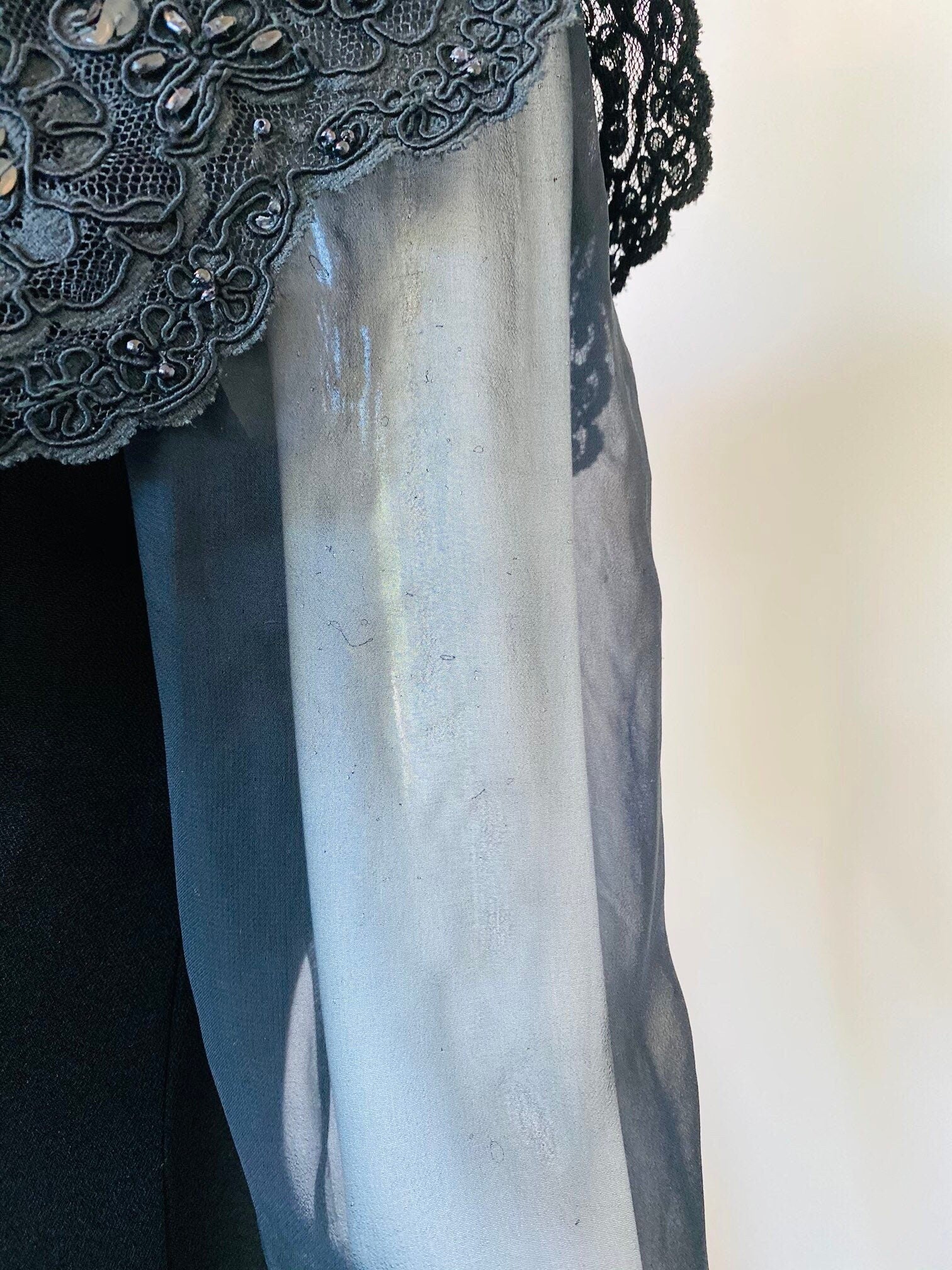 80s Pierre BALMAIN Paris Couture Black Crepe Shift Chiffon Sheer Long Sleeve Lace Beaded Collar High Slit Dress LBD