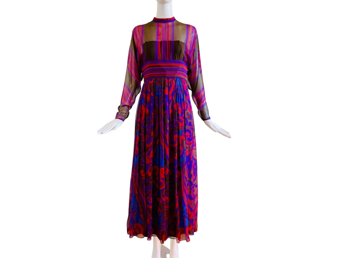 60s Mollie PARNIS Silk Paisley Chiffon Pleated Maxi Dress
