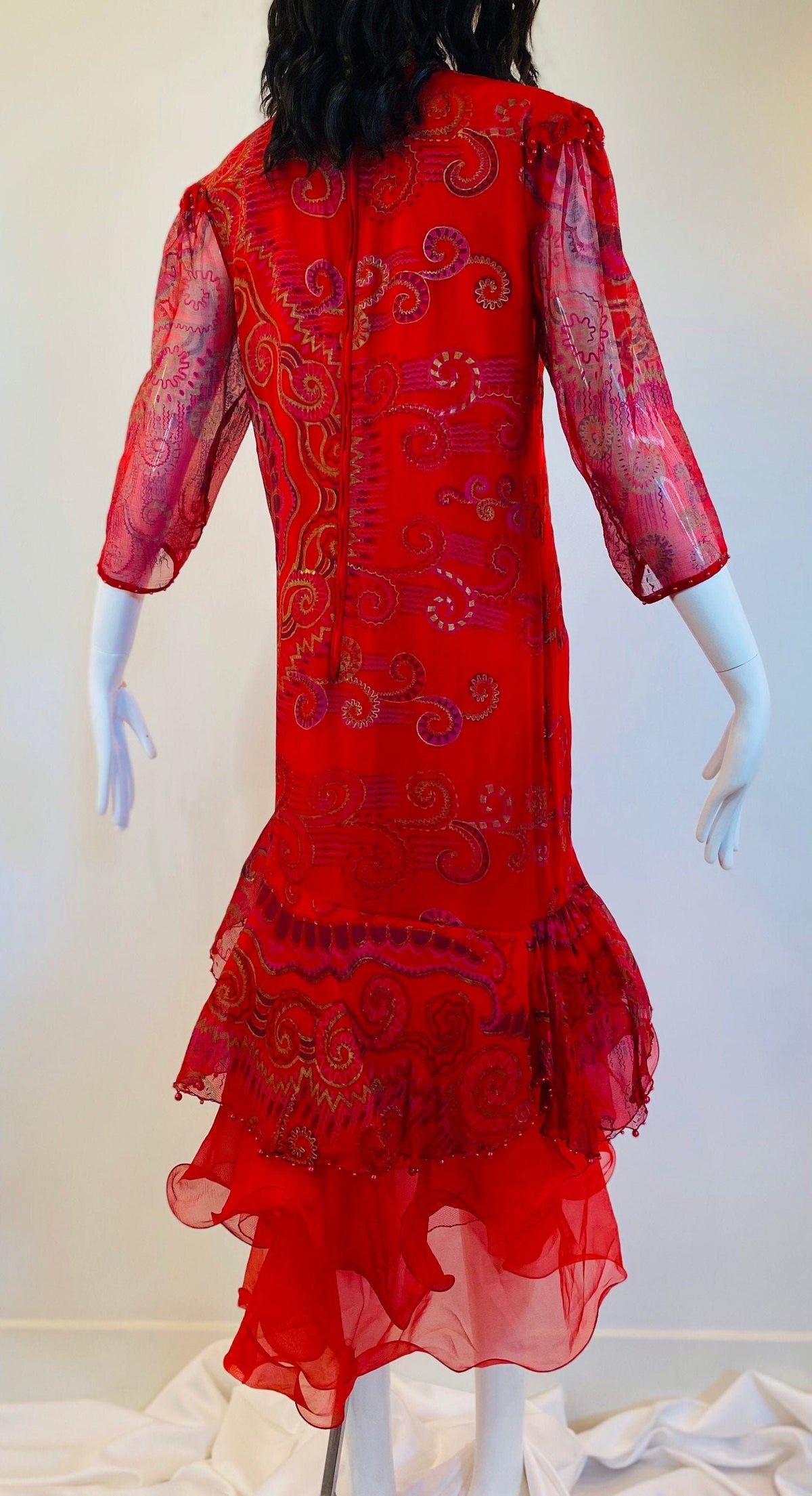 Vintage 80s Red Vibrant Zandra Rhodes Silk Tulle Party Dress Vintage Couture