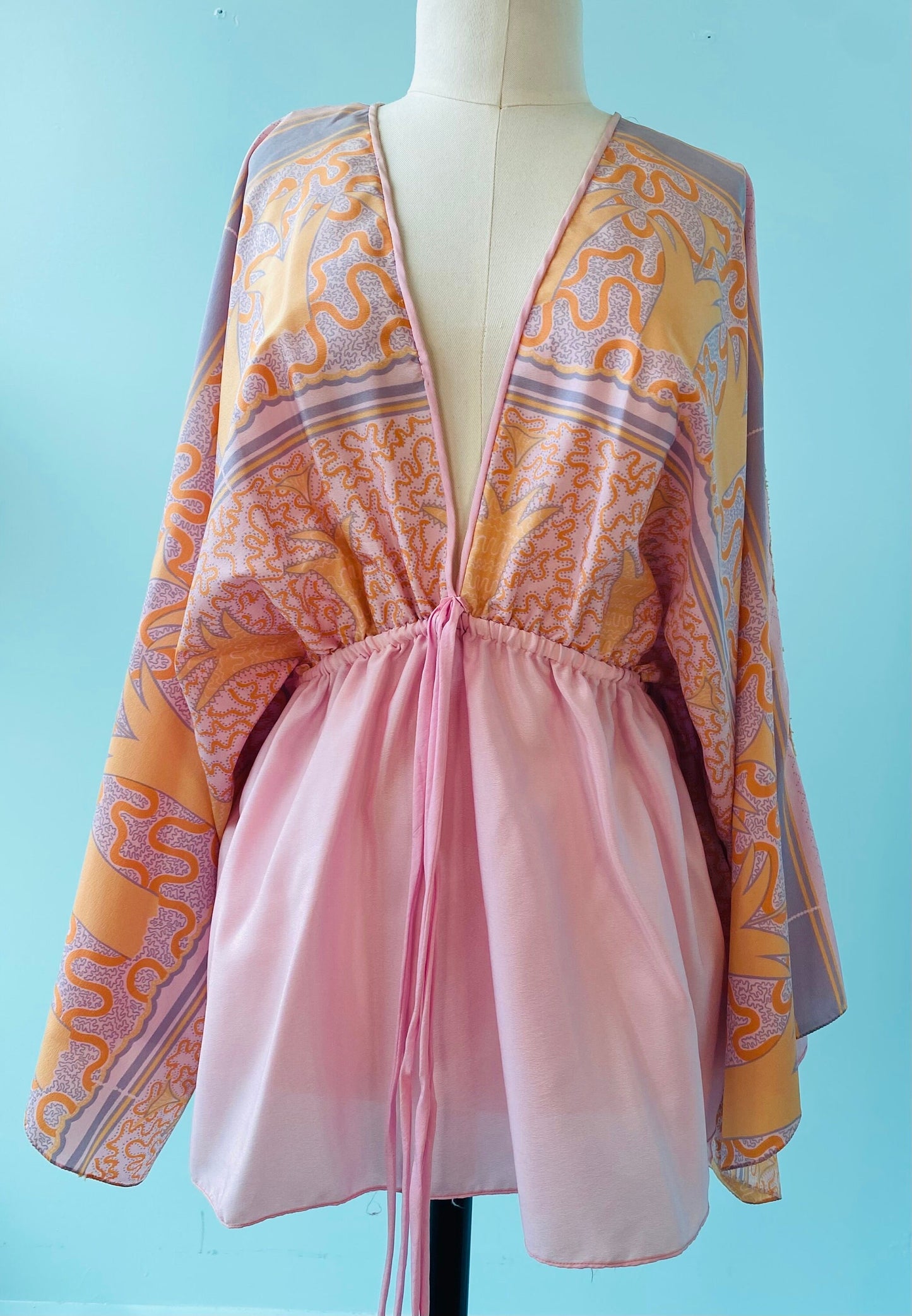 70s Zandra Rhodes Printed Kimono Sleeves Wide Leg Pant Set