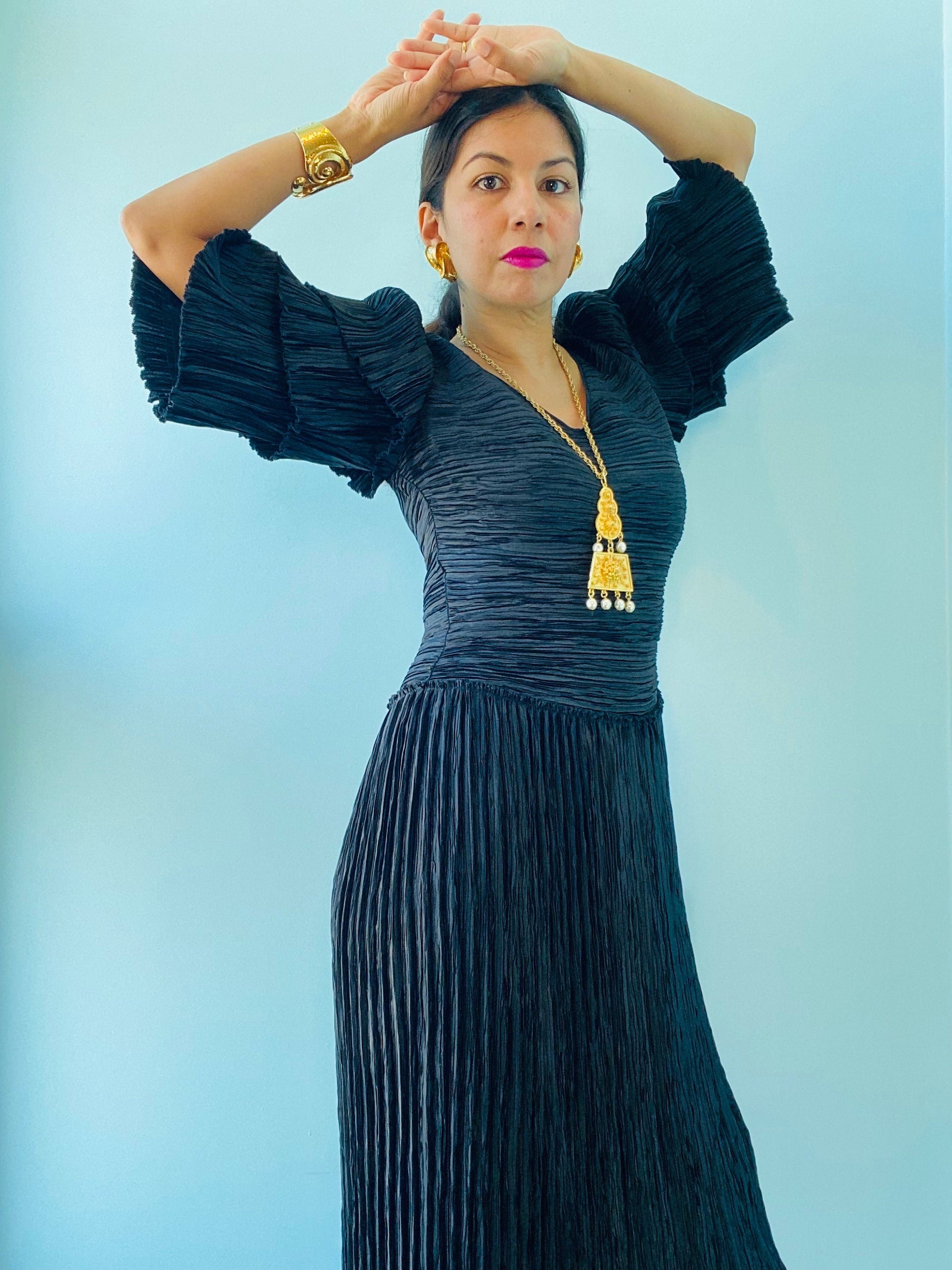 80s Black Mary McFadden Couture "Marii" Plisse Ruffled Sleeve Dress