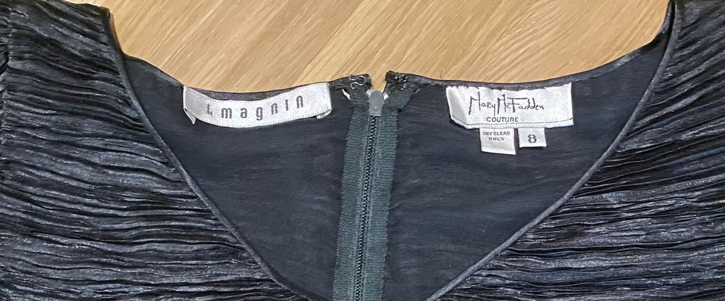 80s Black Mary McFadden Couture "Marii" Plisse Ruffled Sleeve Dress