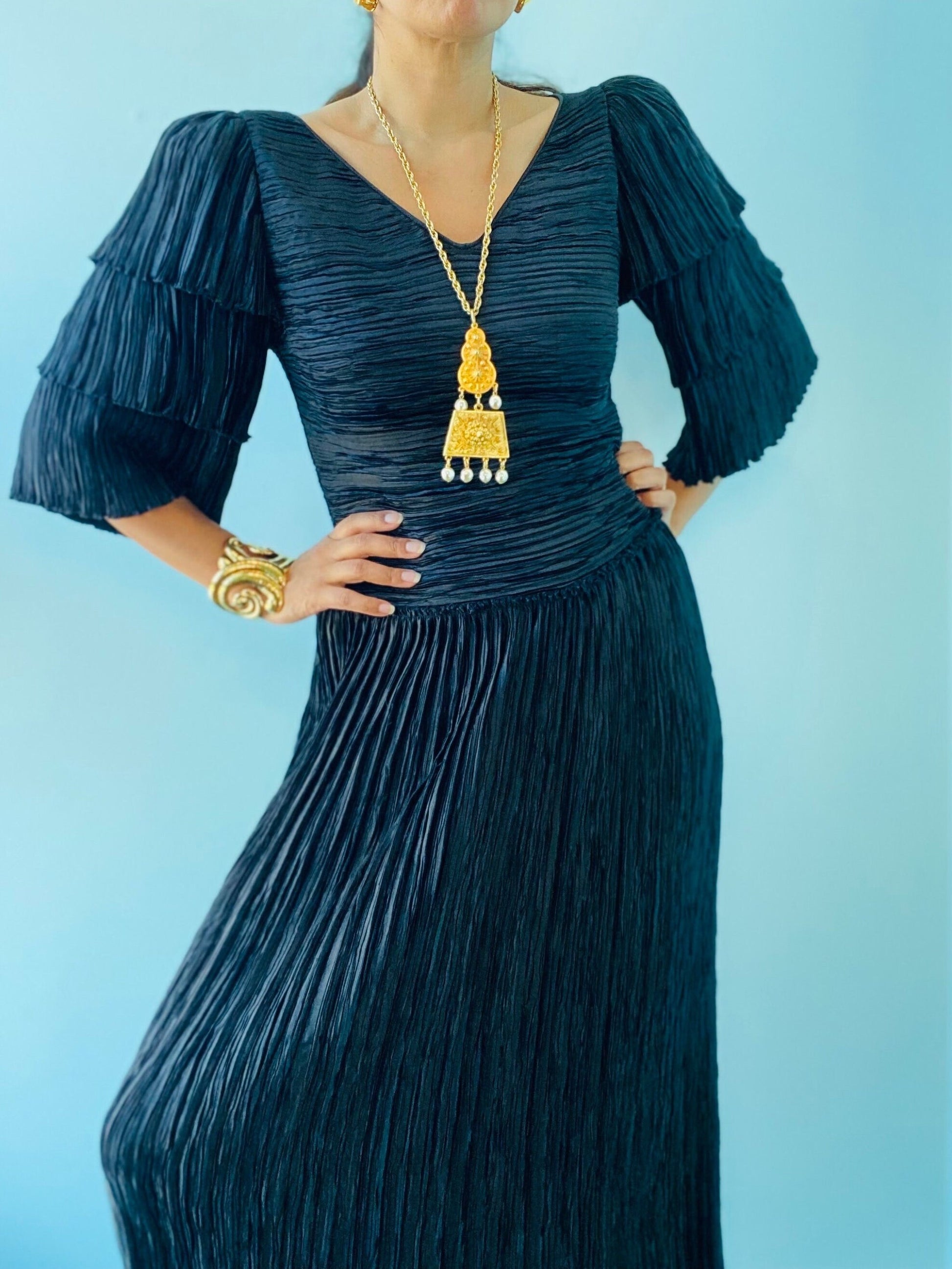 80s Black Mary McFadden Couture "Marii" Plisse Ruffled Sleeve Dress