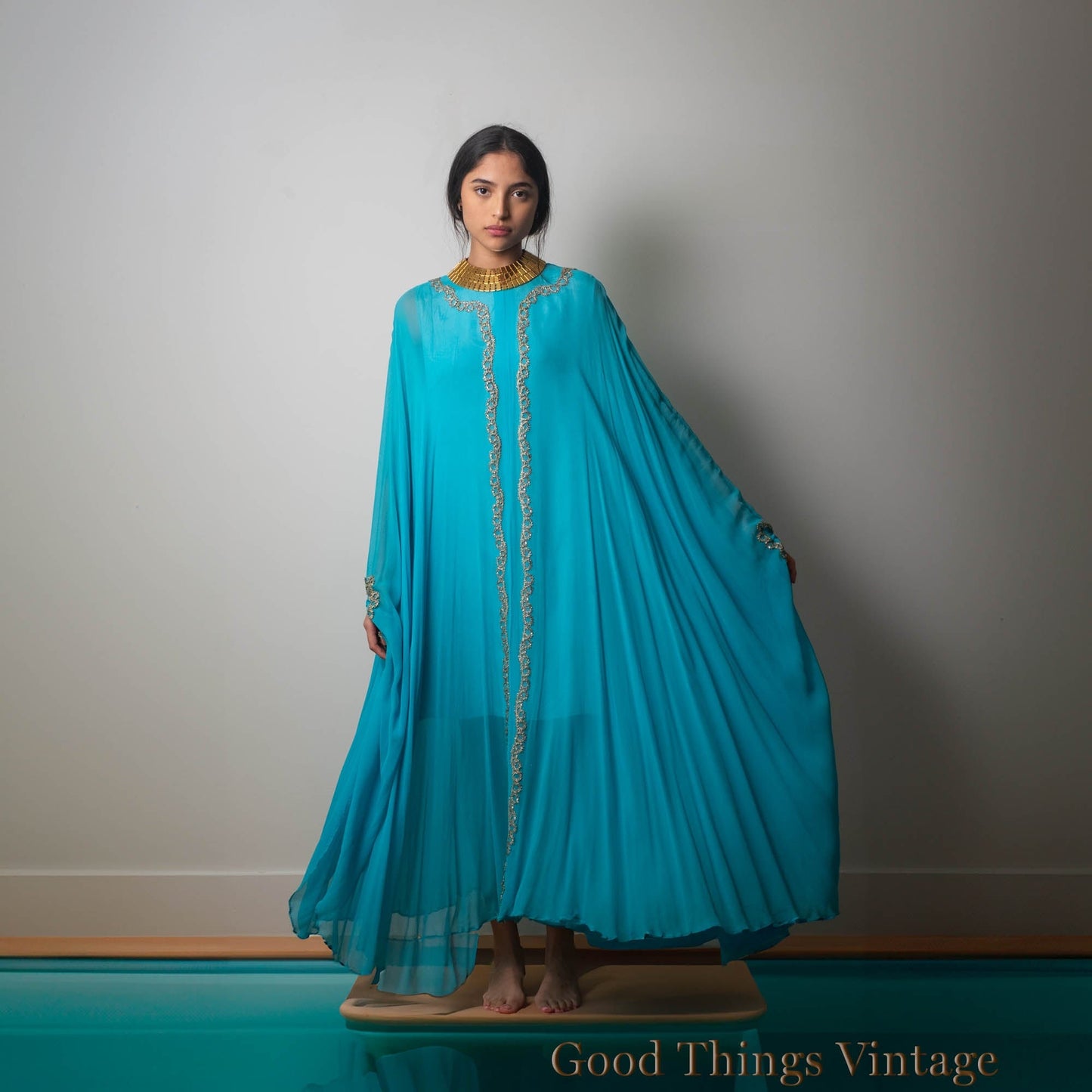 60s Georgie Keyloun Turquoise Blue Silk Chiffon Embellished Caftan Gown