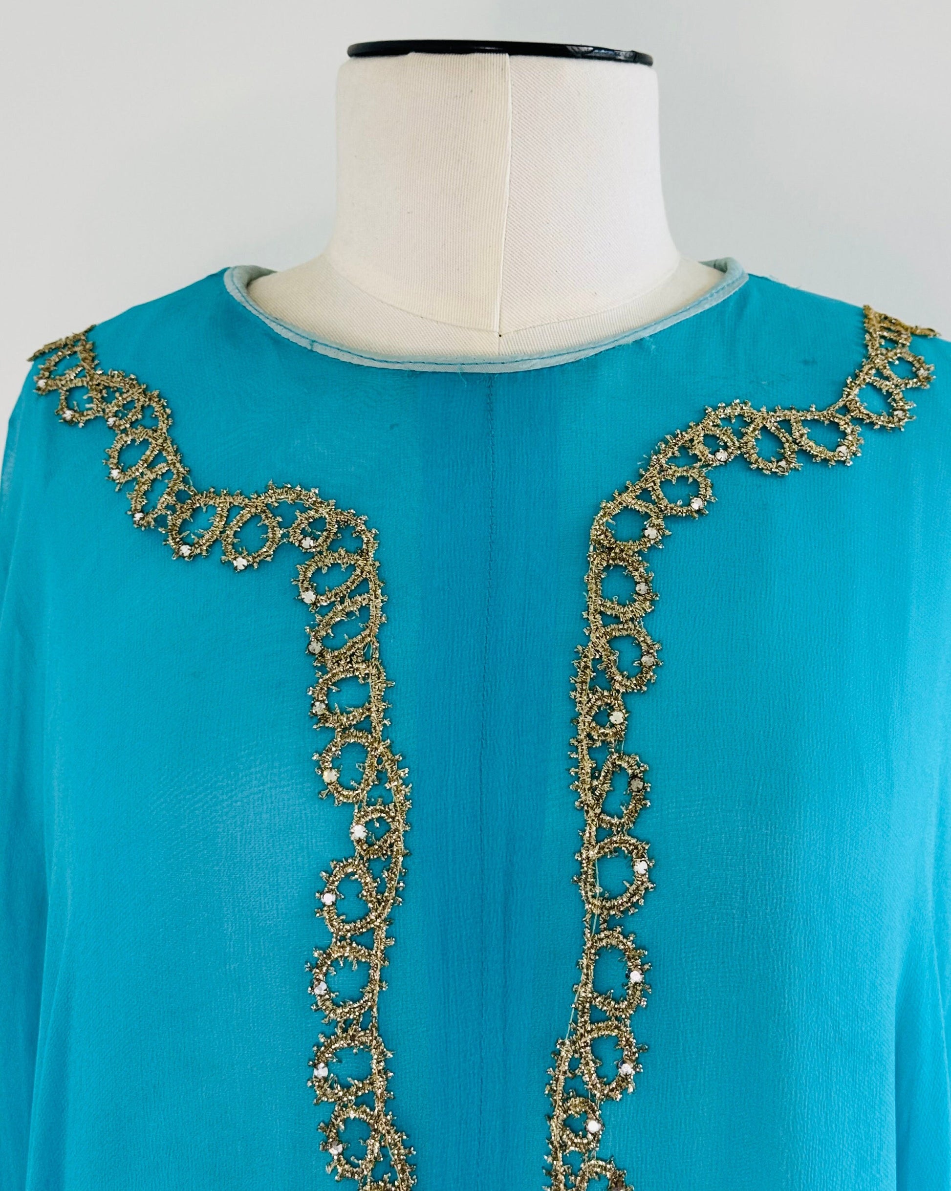 60s Georgie Keyloun Turquoise Blue Silk Chiffon Embellished Caftan Gown