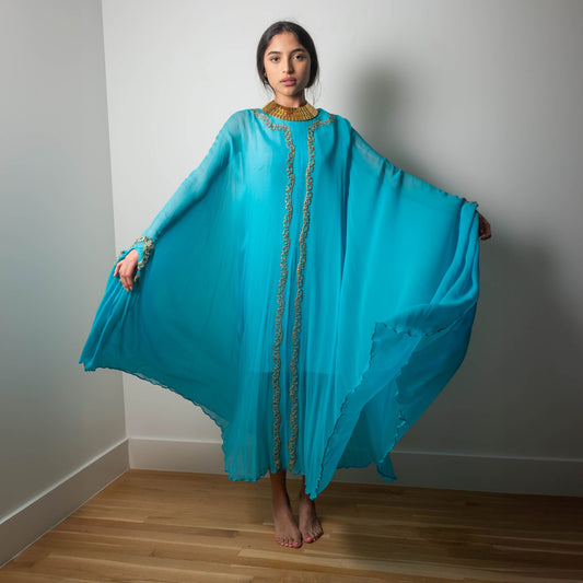 60s Georgie Keyloun Turquoise Blue Silk Chiffon Embellished Caftan Gown