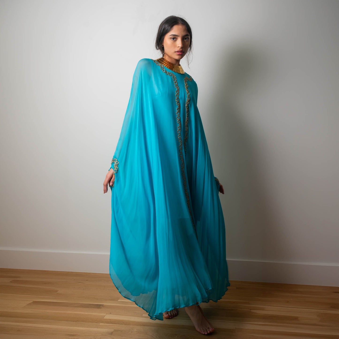 60s Georgie Keyloun Turquoise Blue Silk Chiffon Embellished Caftan Gown