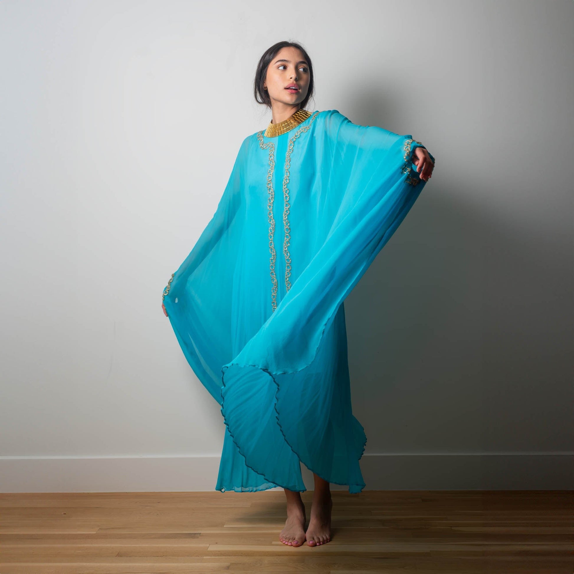 60s Georgie Keyloun Turquoise Blue Silk Chiffon Embellished Caftan Gown