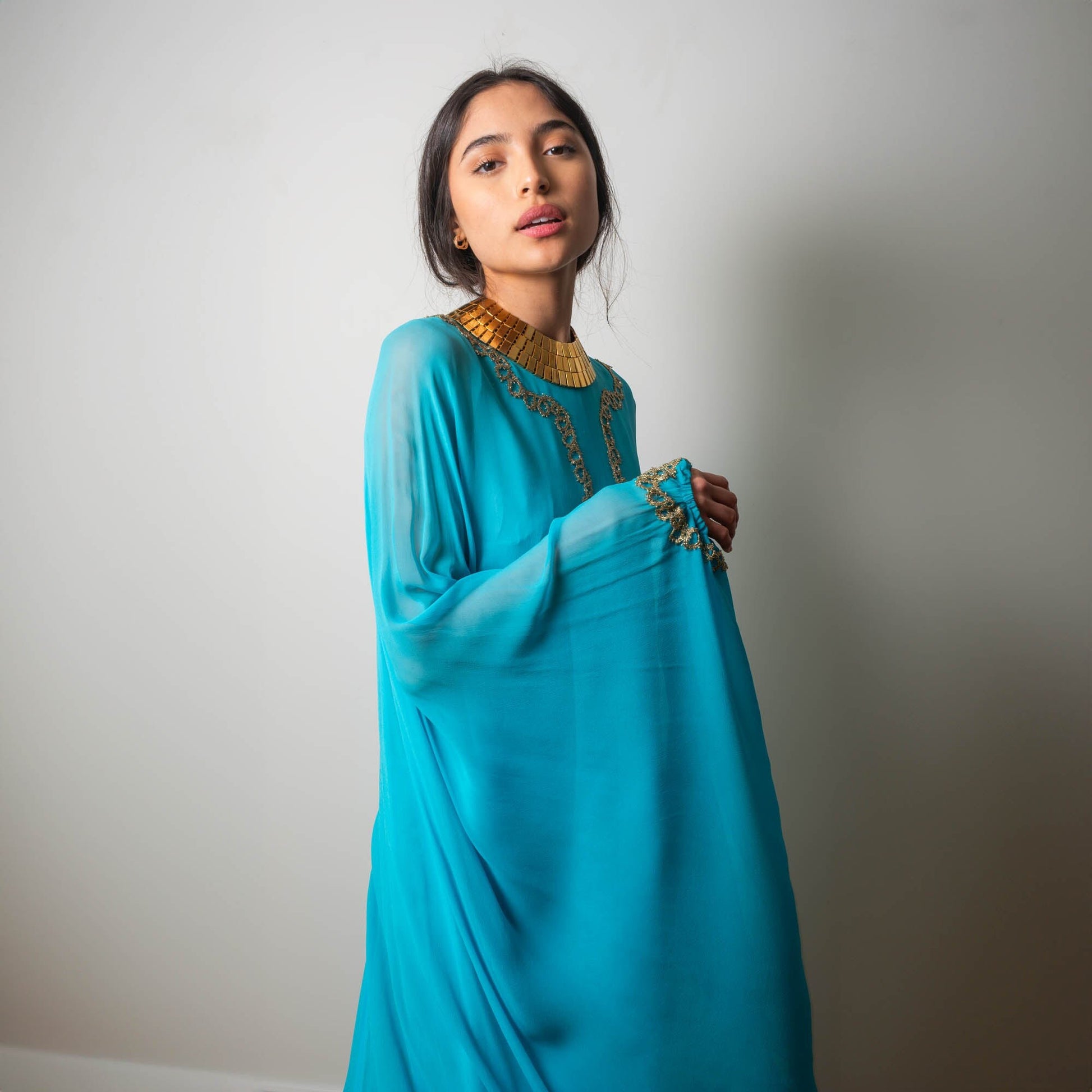 60s Georgie Keyloun Turquoise Blue Silk Chiffon Embellished Caftan Gown