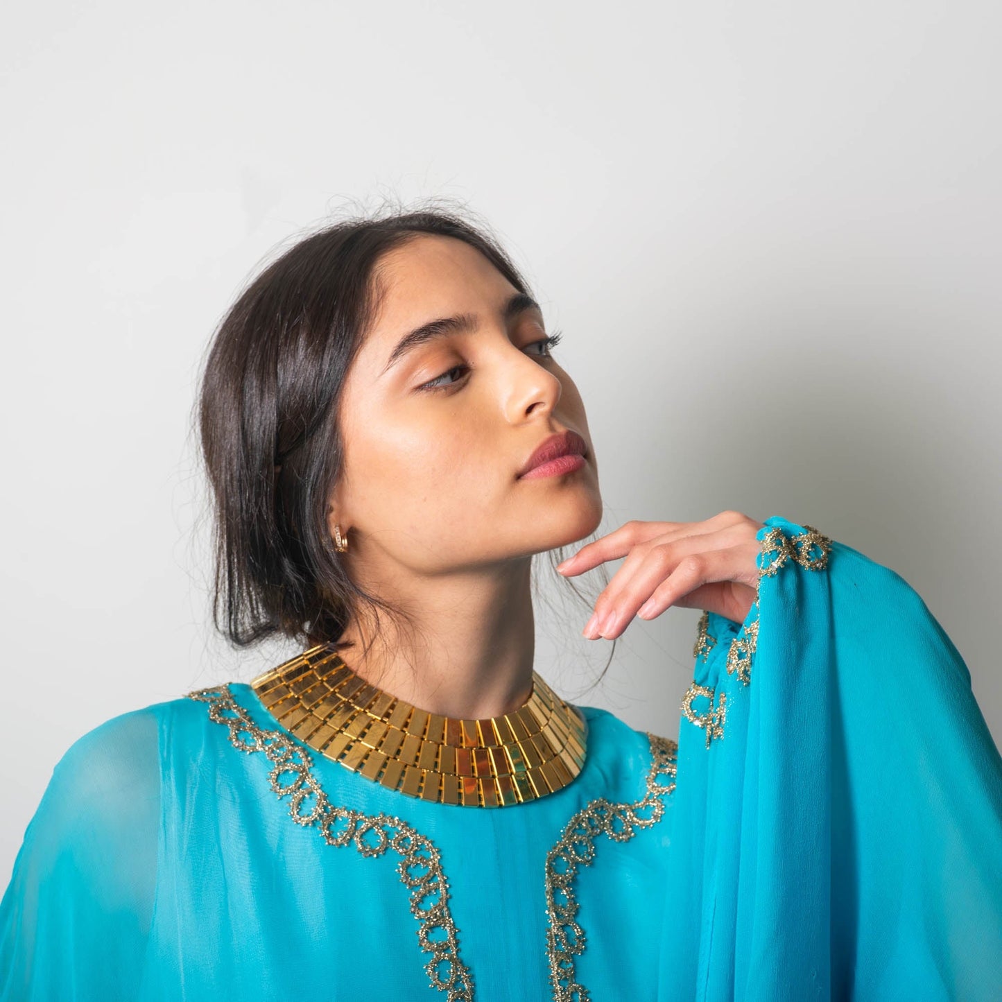 60s Georgie Keyloun Turquoise Blue Silk Chiffon Embellished Caftan Gown