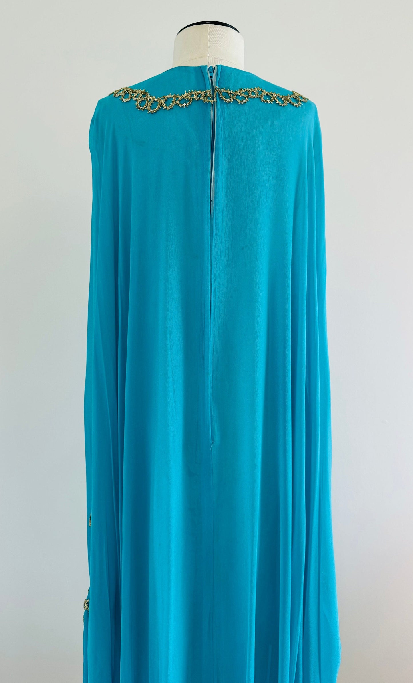 60s Georgie Keyloun Turquoise Blue Silk Chiffon Embellished Caftan Gown