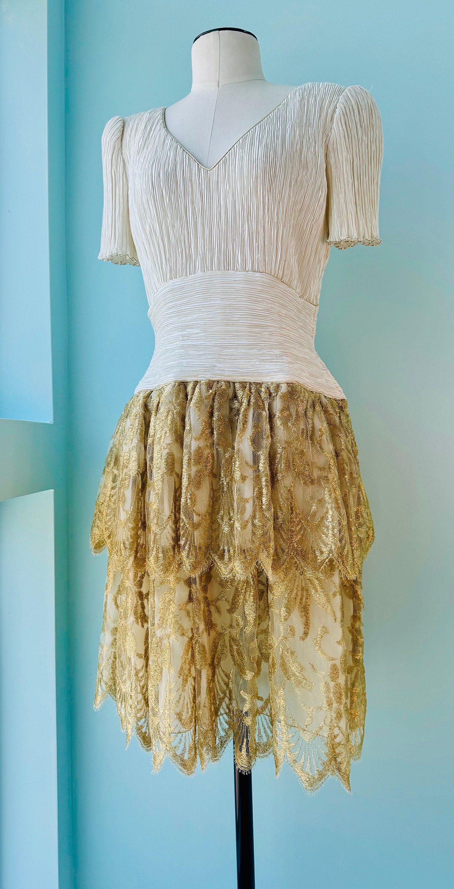 80s Mary McFadden Couture Pleated Ivory and Gold Lace Mini Dress