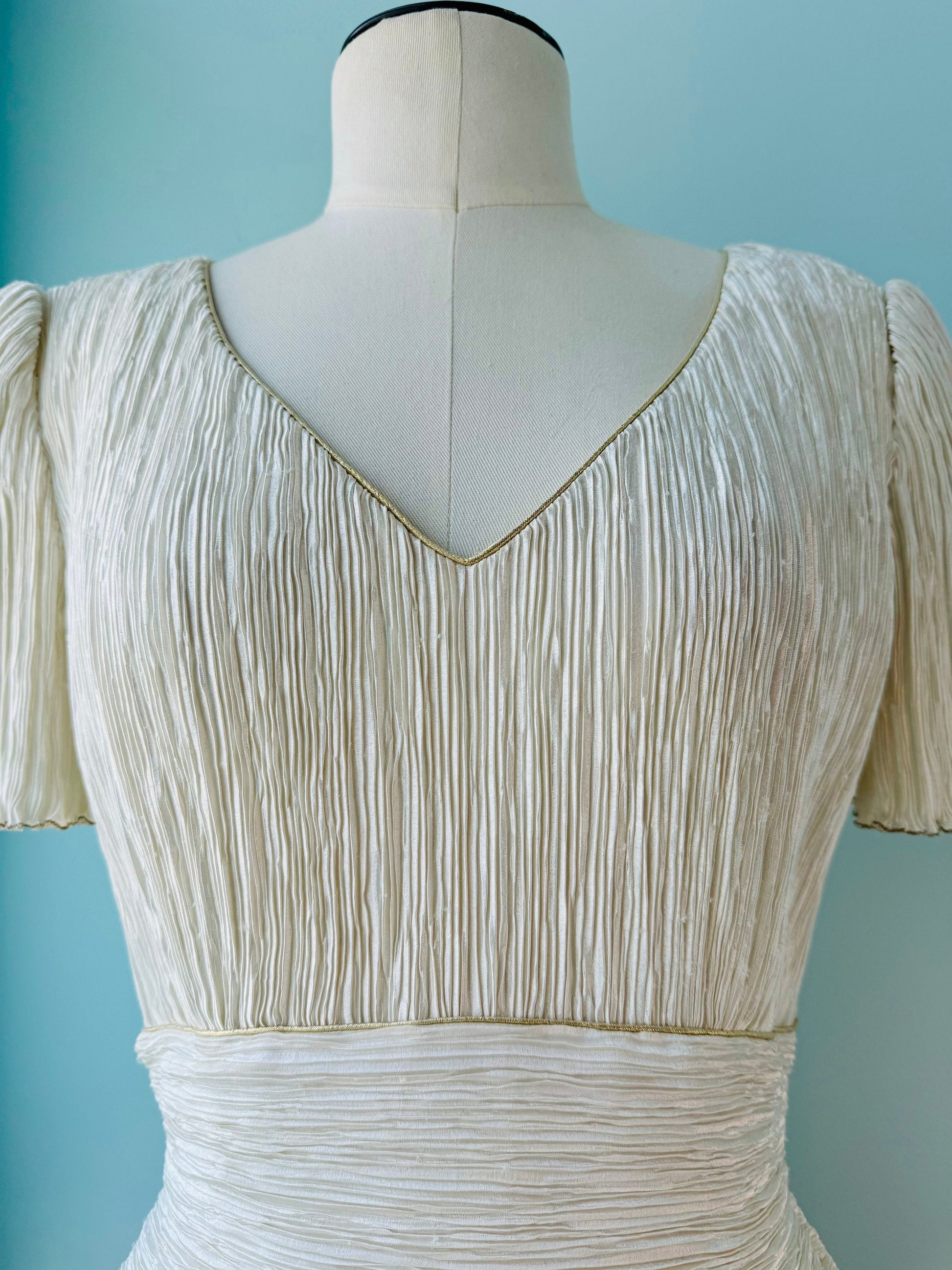 80s Mary McFadden Couture Pleated Ivory and Gold Lace Mini Dress