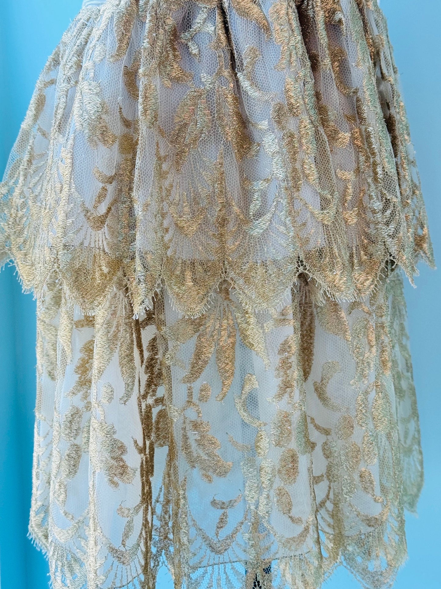 80s Mary McFadden Couture Pleated Ivory and Gold Lace Mini Dress