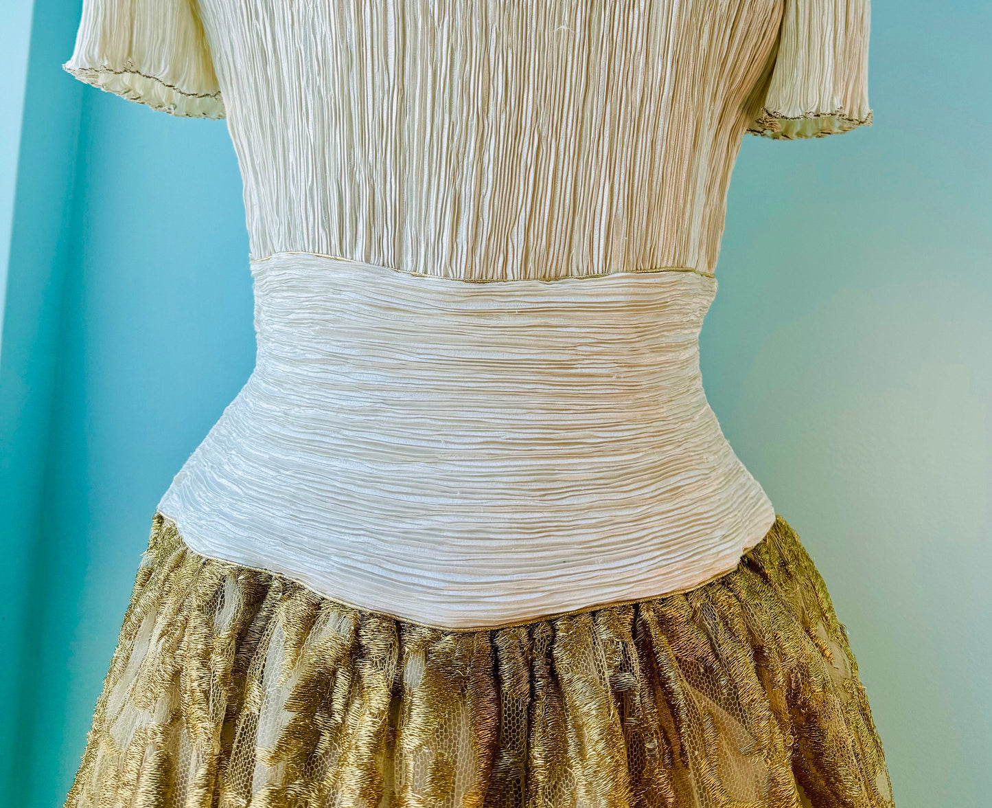 80s Mary McFadden Couture Pleated Ivory and Gold Lace Mini Dress