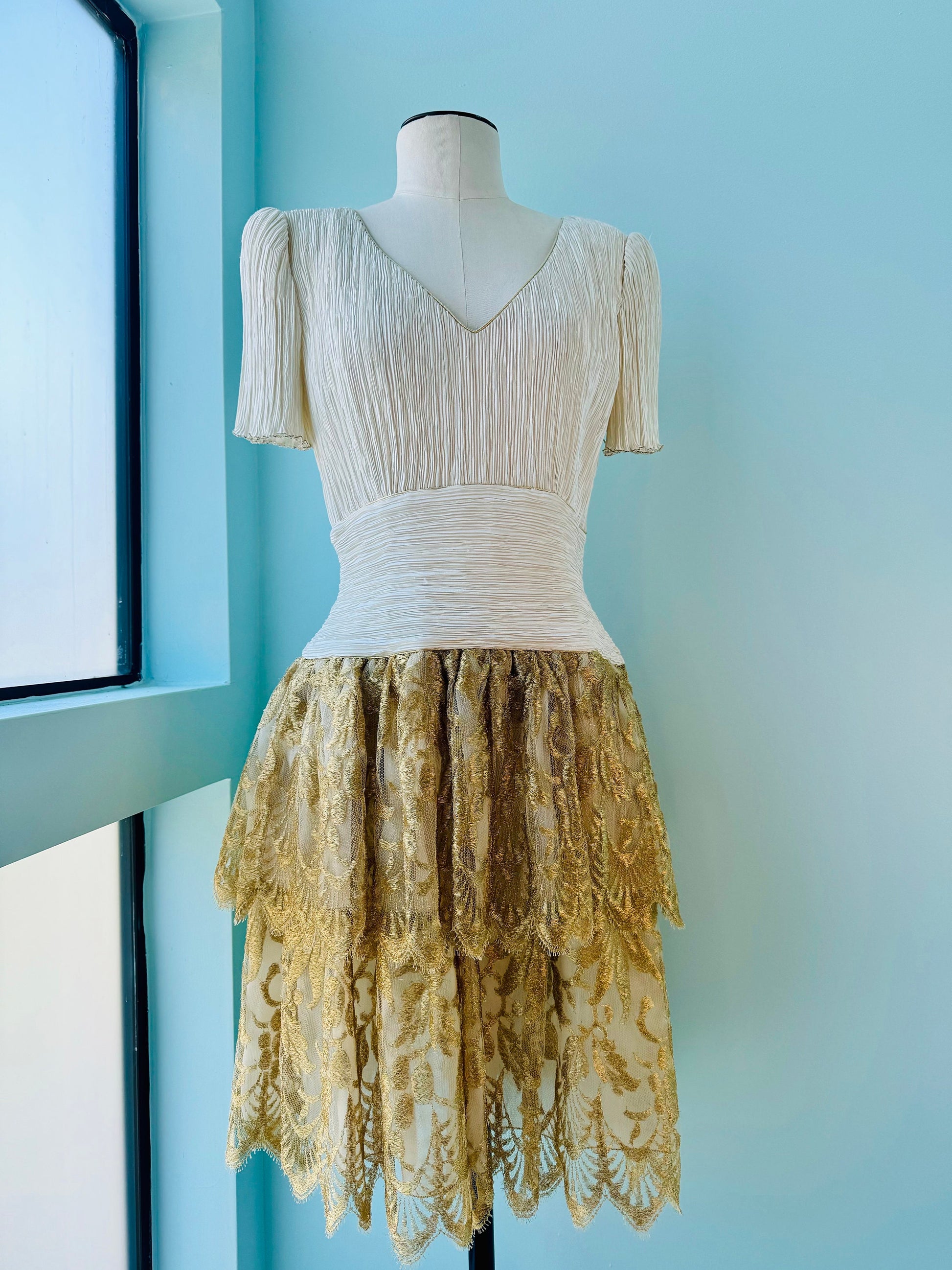 80s Mary McFadden Couture Pleated Ivory and Gold Lace Mini Dress