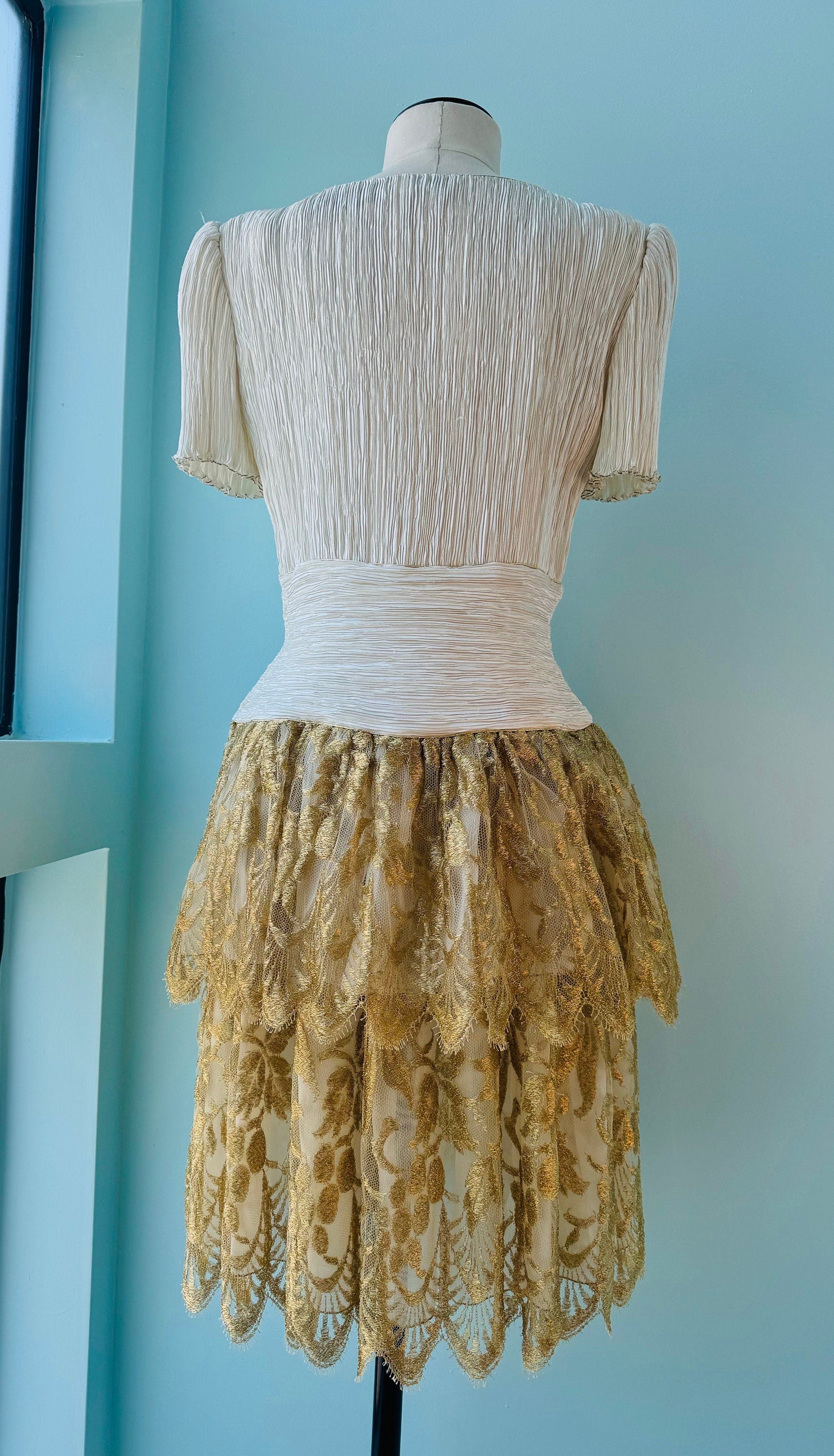 80s Mary McFadden Couture Pleated Ivory and Gold Lace Mini Dress