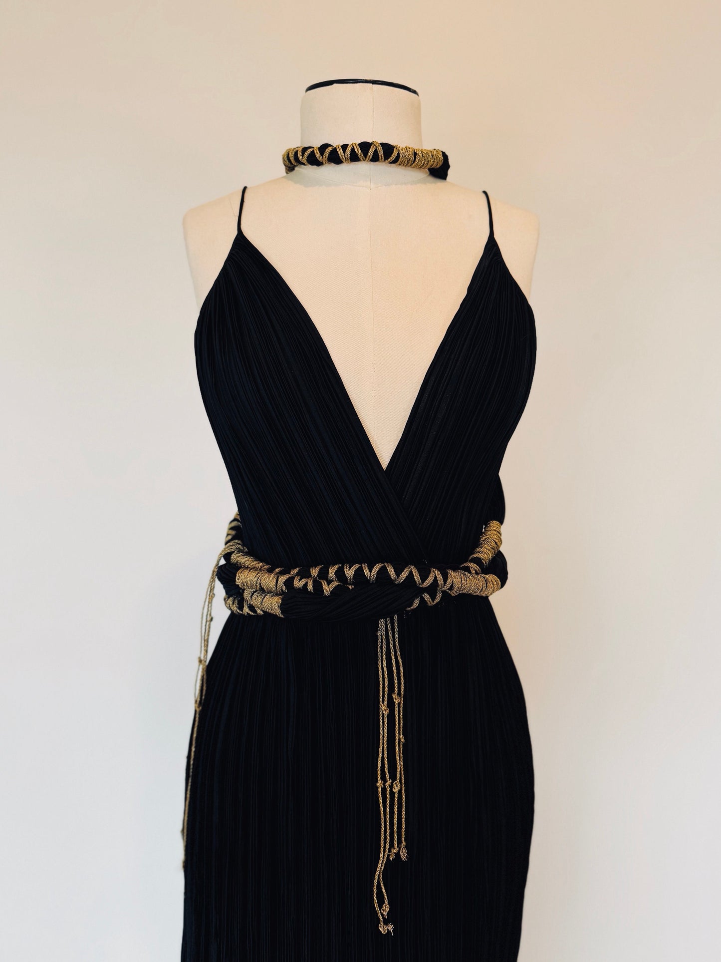 Mary McFadden Couture Black Marii Plisse Dress with Rope Belt Ensemble