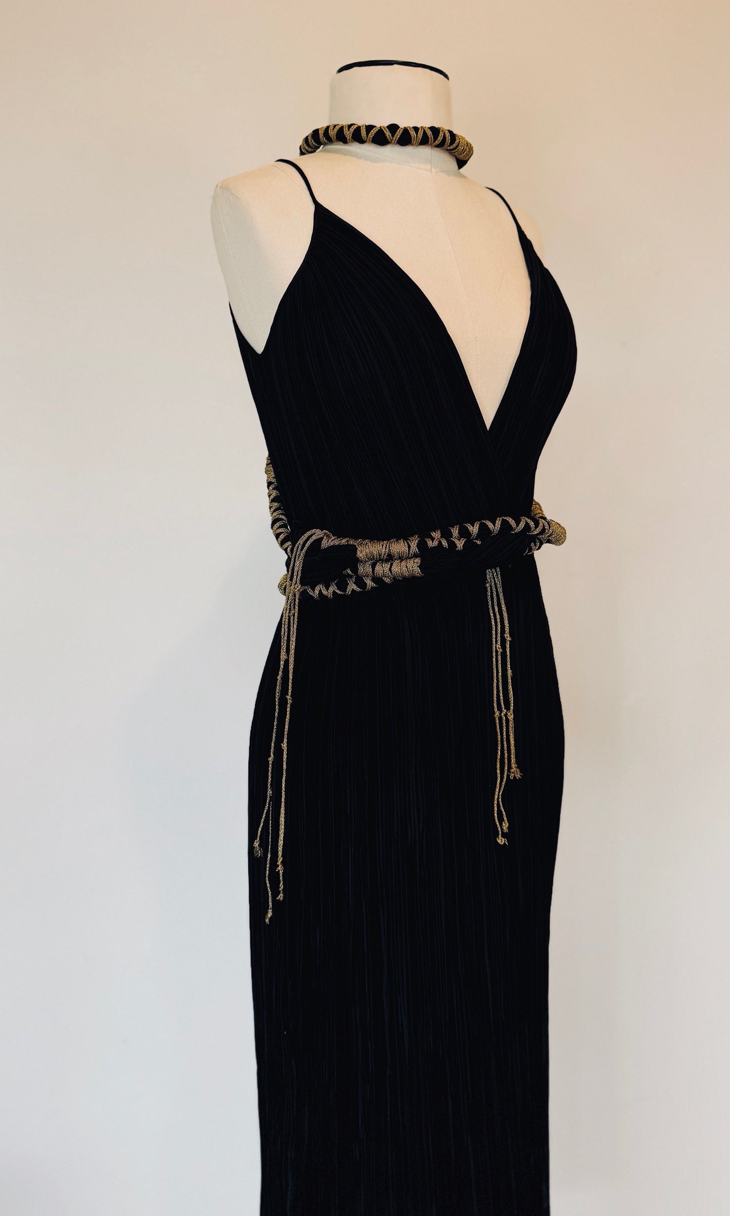 Mary McFadden Couture Black Marii Plisse Dress with Rope Belt Ensemble