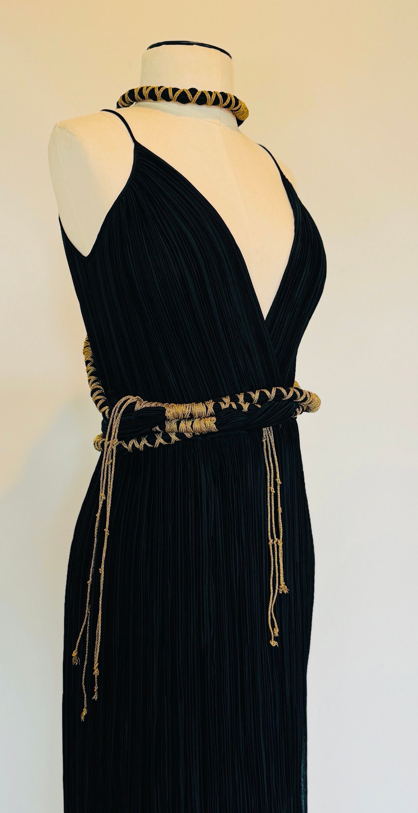 Mary McFadden Couture Black Marii Plisse Dress with Rope Belt Ensemble