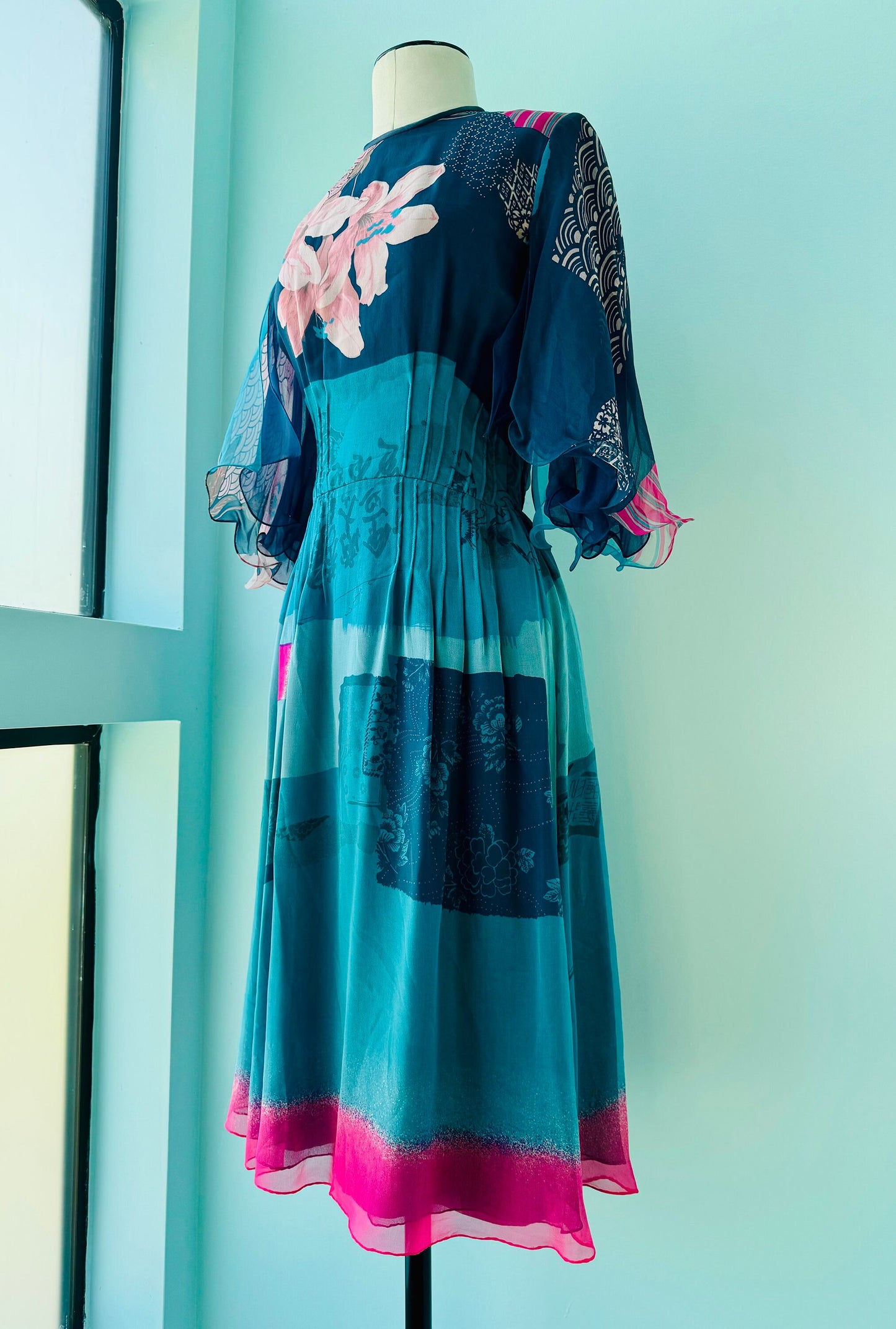 Stunning 70s Hanae Mori Couture Silk Chiffon Floral Print Dress