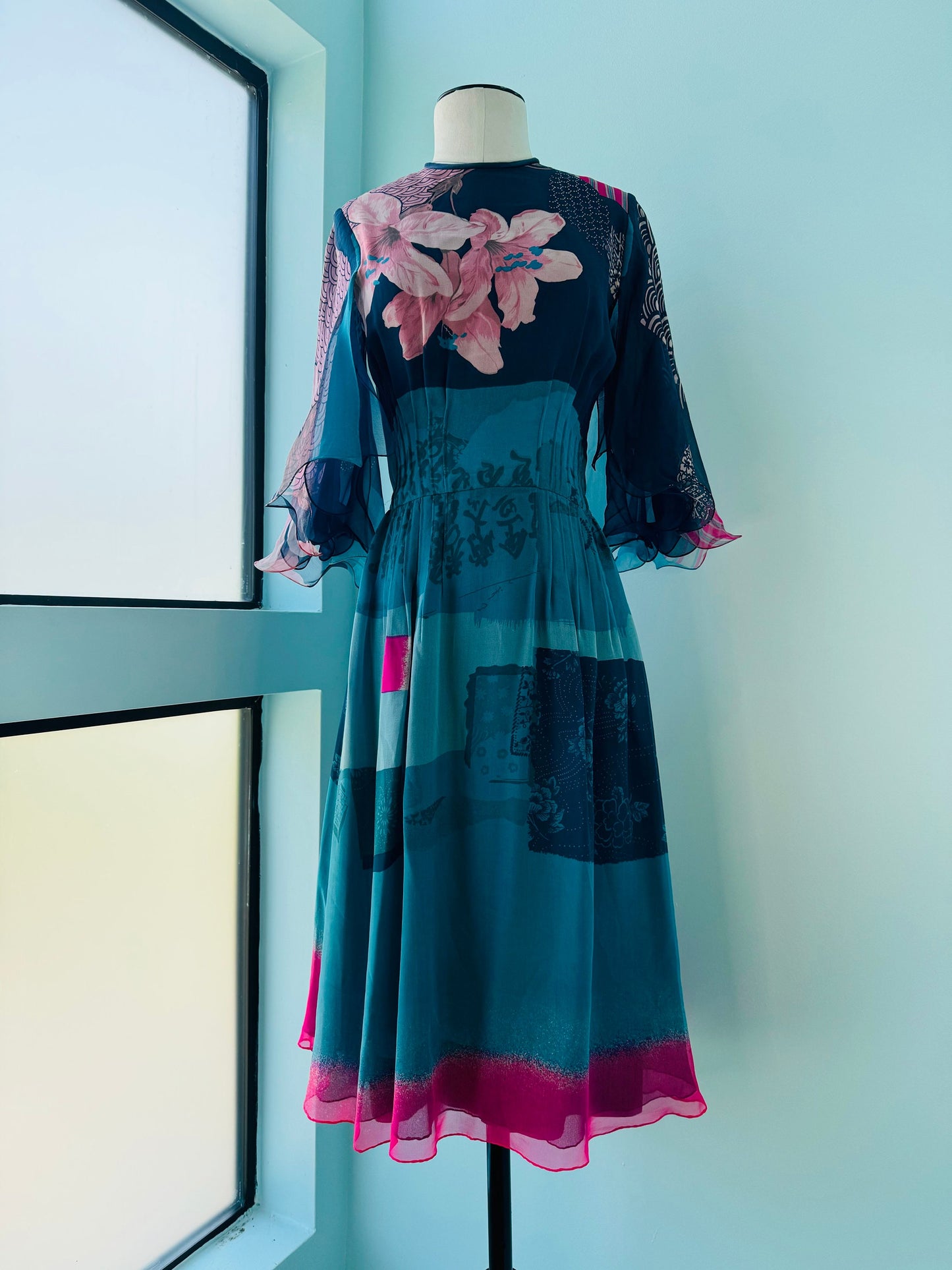 Stunning 70s Hanae Mori Couture Silk Chiffon Floral Print Dress