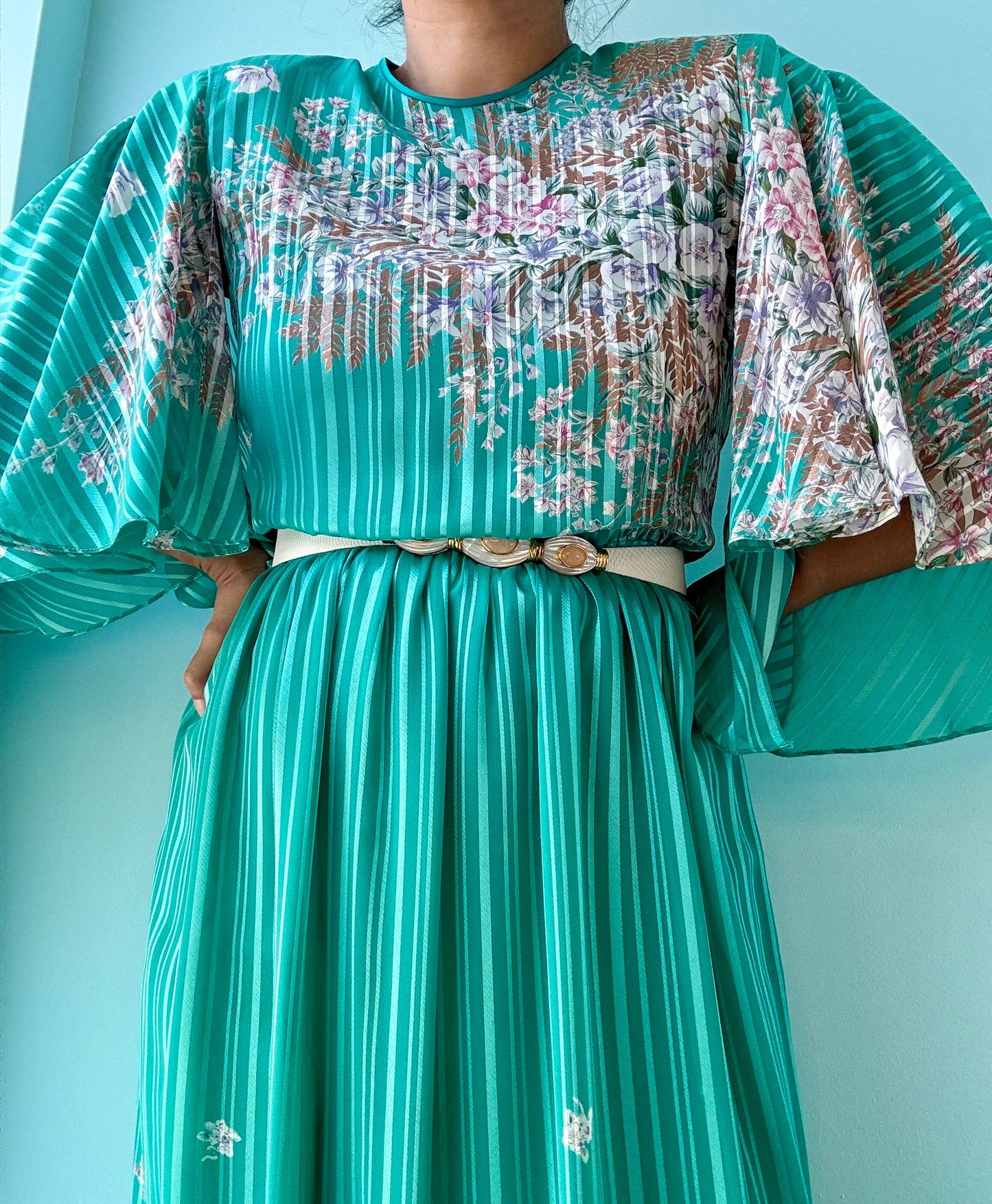 Vintage Hanae Mori Green Floral Print Ruffled Sleeves Maxi Dress