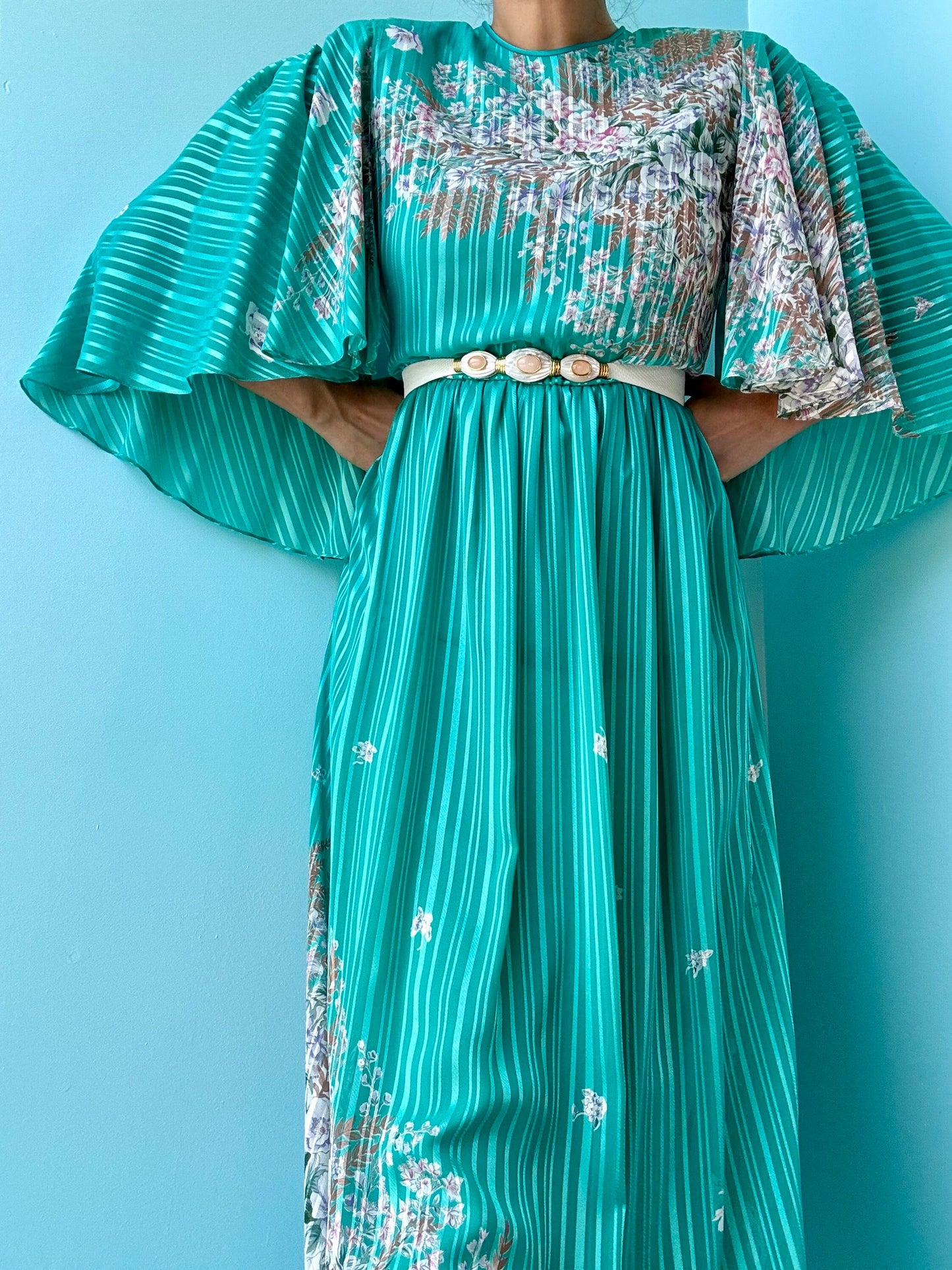 Vintage Hanae Mori Green Floral Print Ruffled Sleeves Maxi Dress