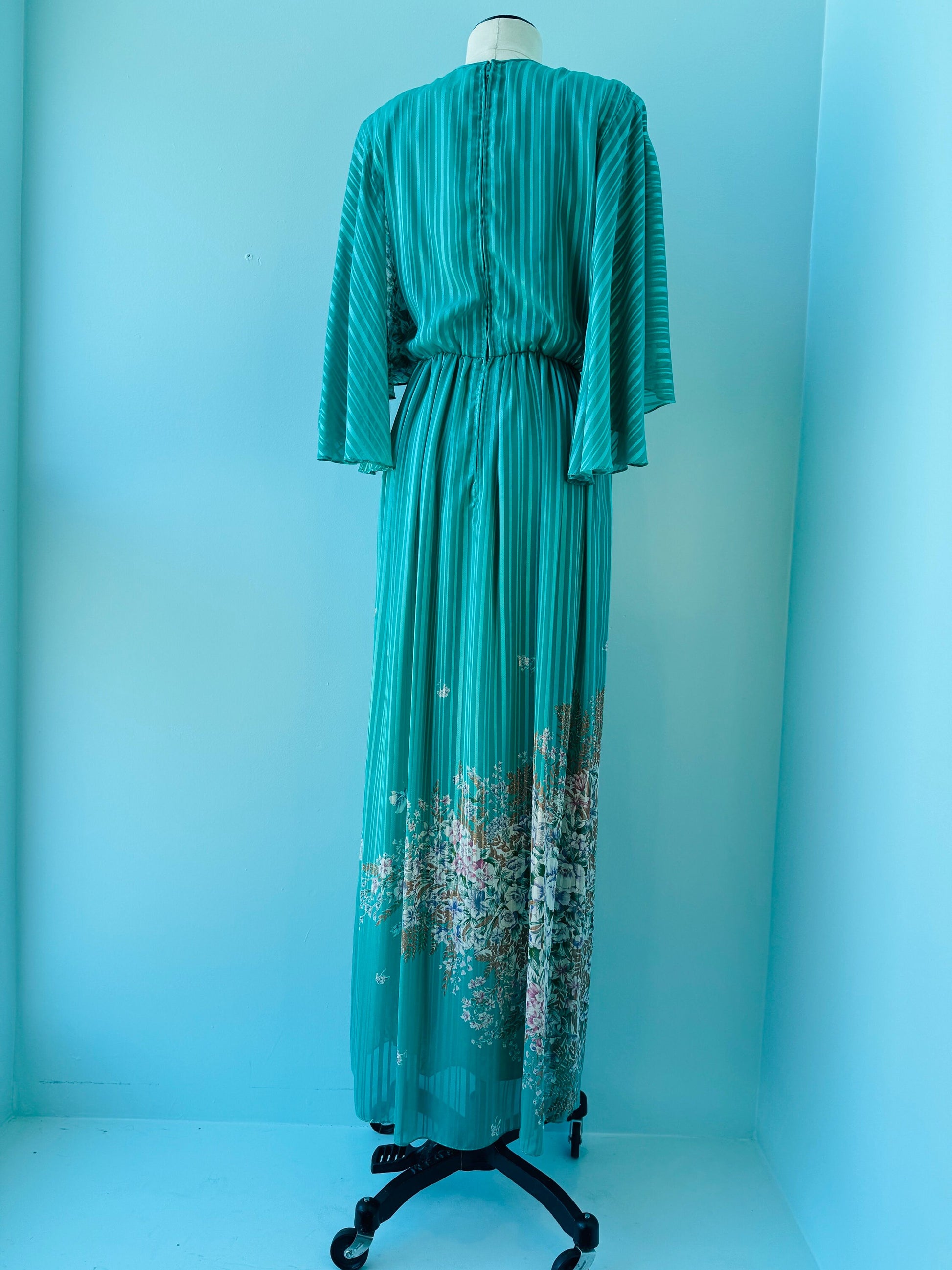 Vintage Hanae Mori Green Floral Print Ruffled Sleeves Maxi Dress