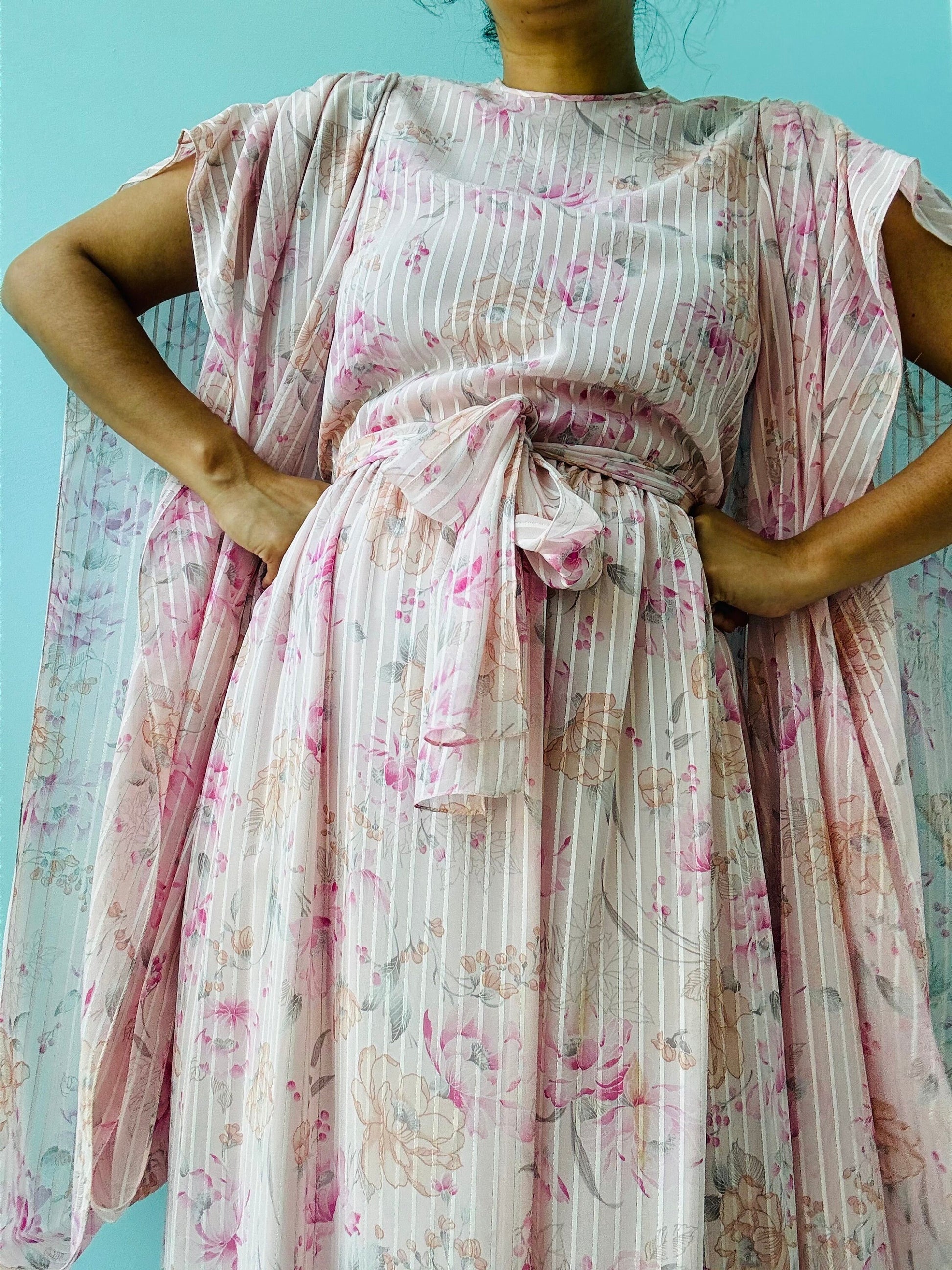 Stunning Vintage Hanae Mori Pink Kimono Sleeves Maxi Dress