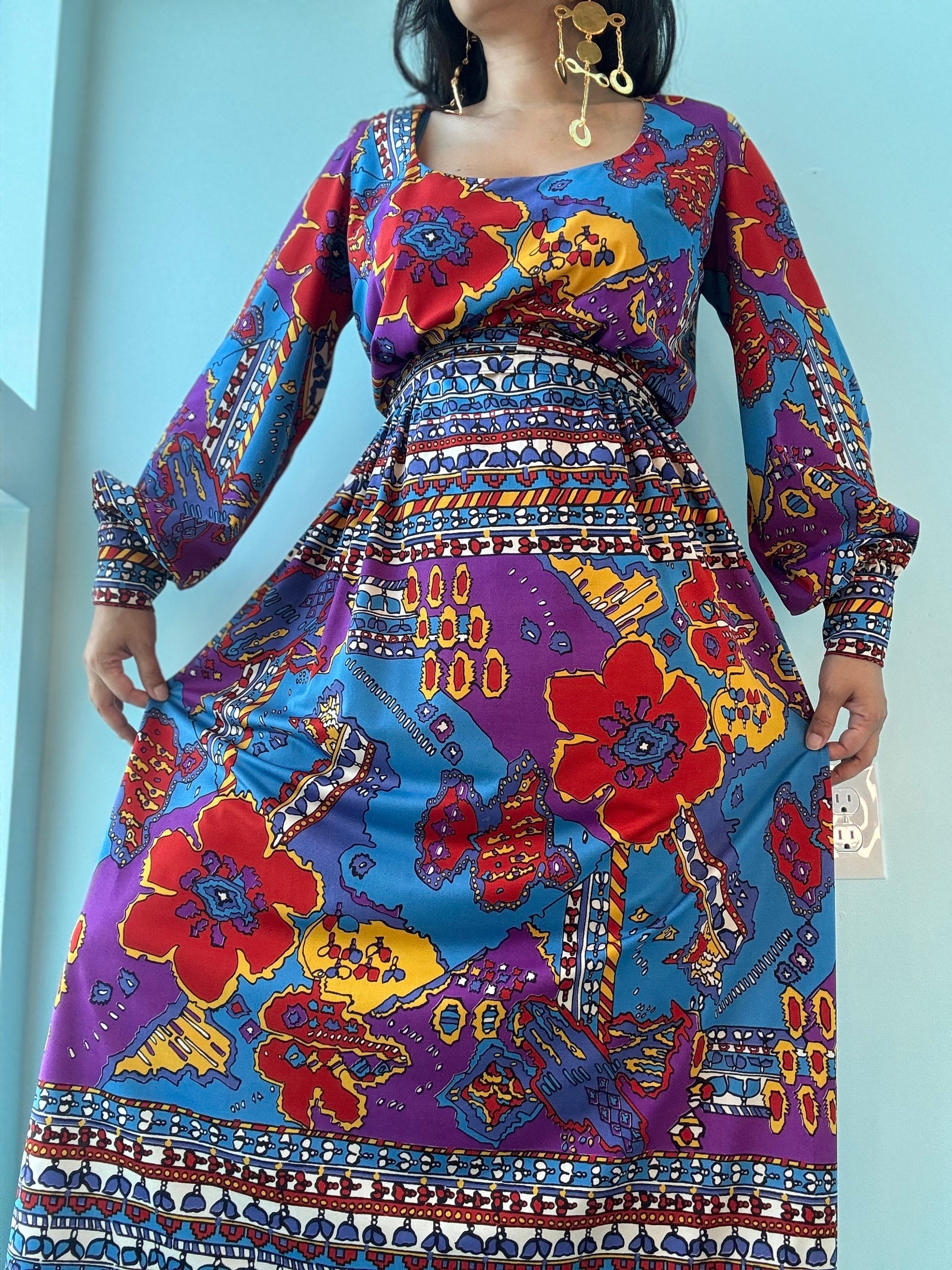 60s Clifton Wilhite Dallas Psychedelic Print Long Sleeve Silk Jersey Maxi