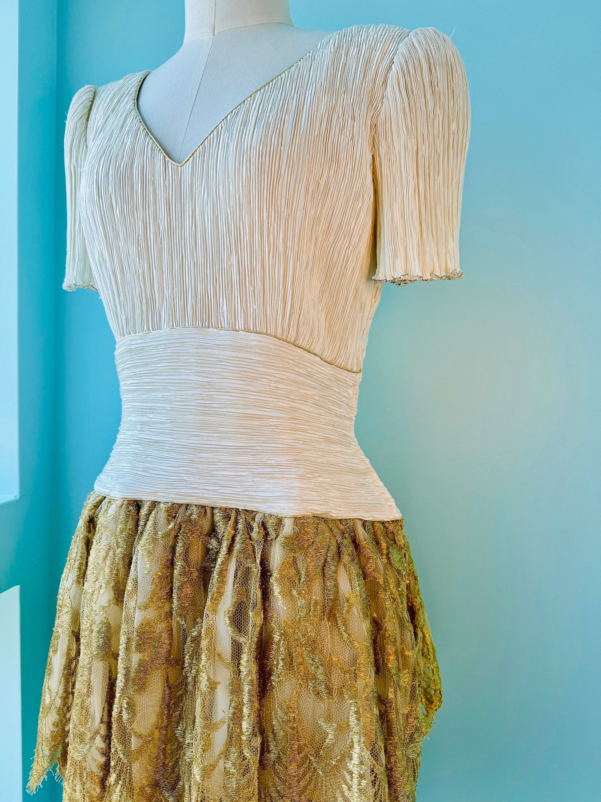 80s Mary McFadden Couture Pleated Ivory and Gold Lace Mini Dress