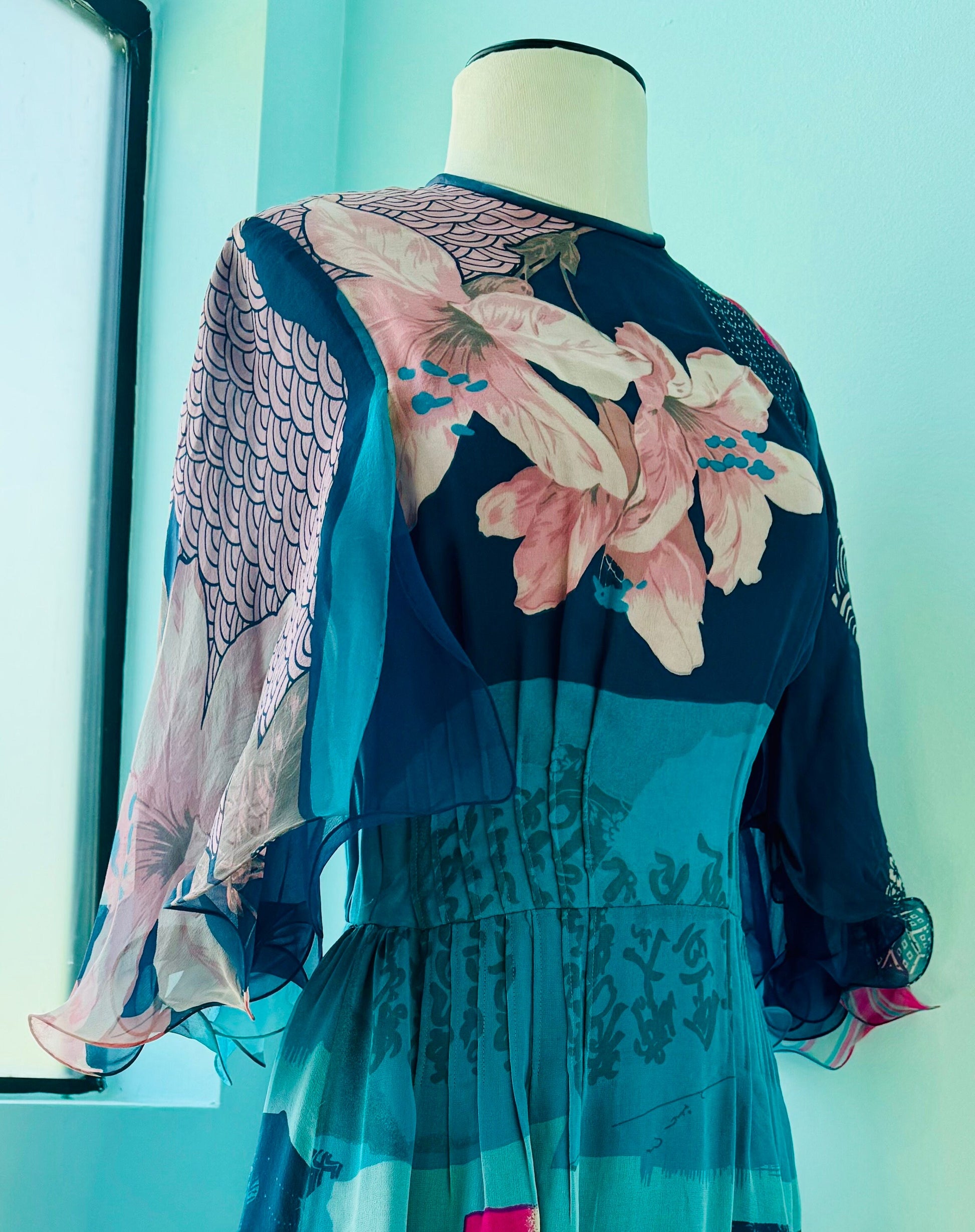 Stunning 70s Hanae Mori Couture Silk Chiffon Floral Print Dress