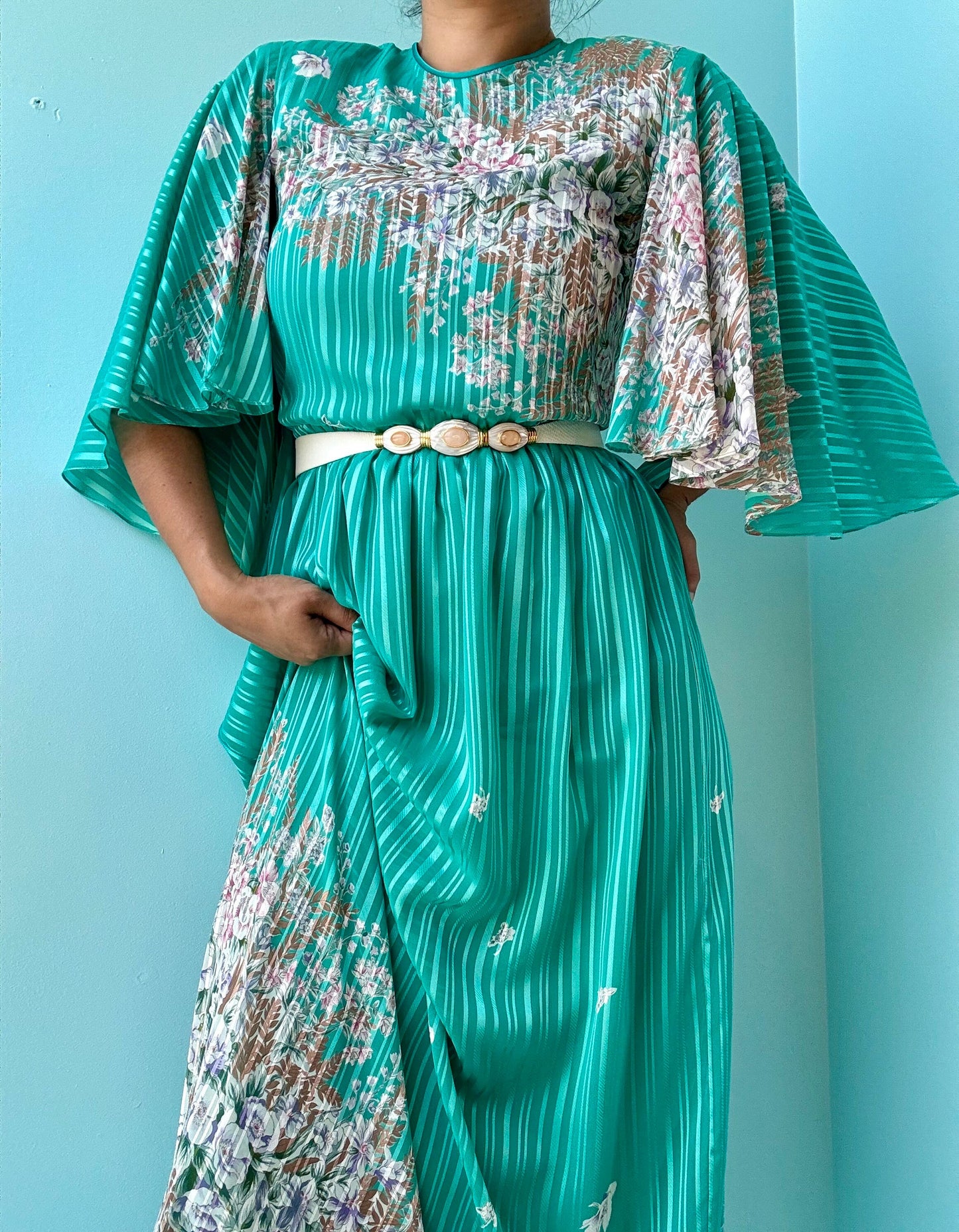 Vintage Hanae Mori Green Floral Print Ruffled Sleeves Maxi Dress