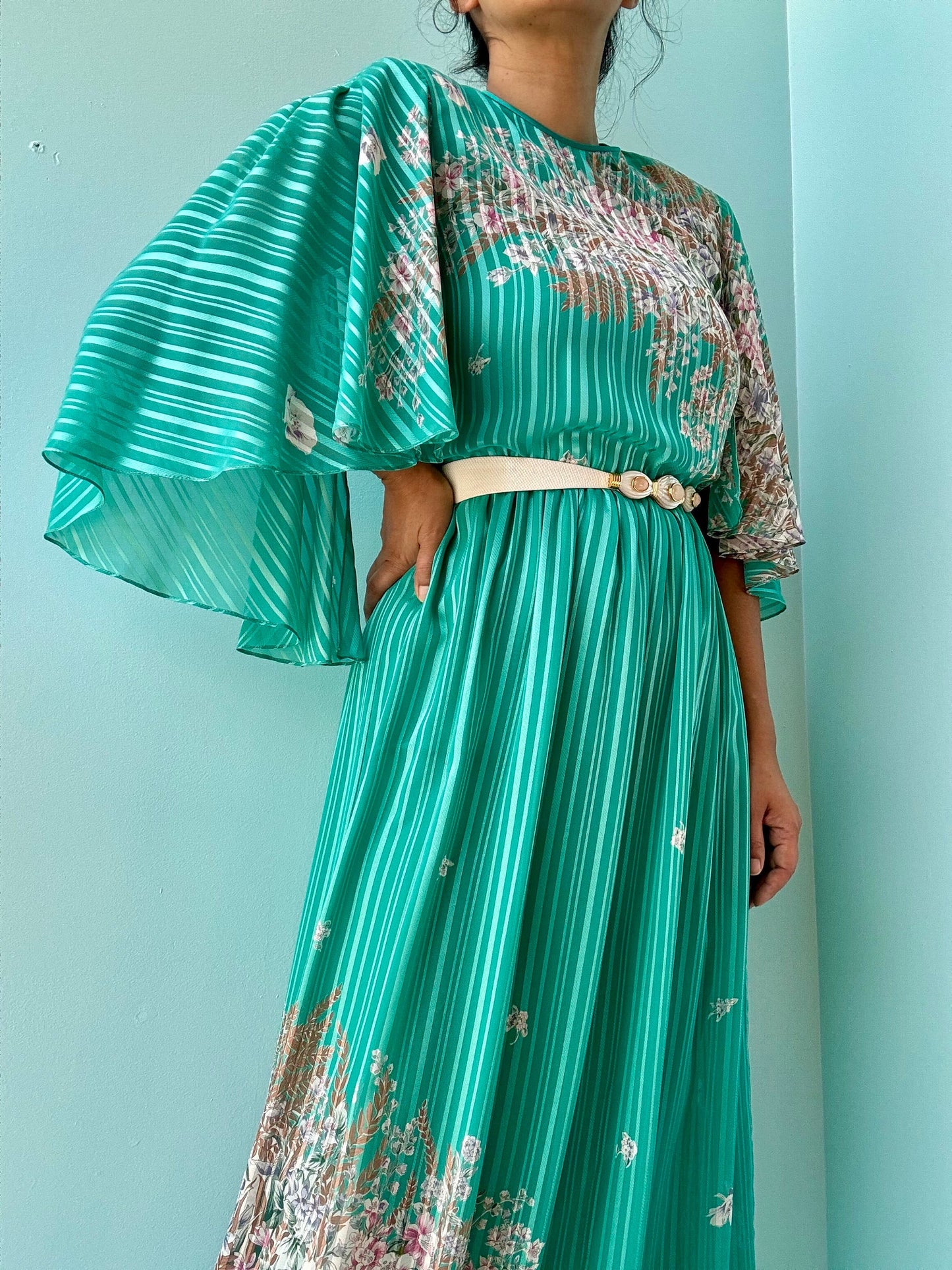 Vintage Hanae Mori Green Floral Print Ruffled Sleeves Maxi Dress