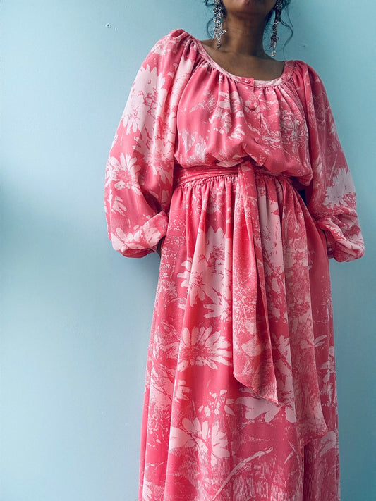 Vintage Hanae Mori Pink Floral Boho Maxi Dress