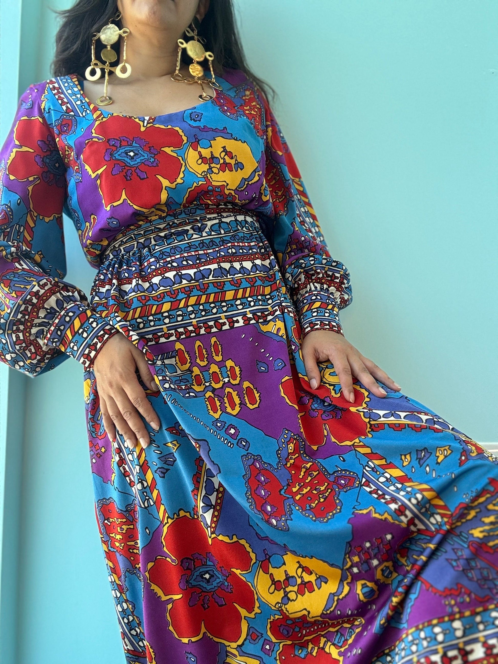 60s Clifton Wilhite Dallas Psychedelic Print Long Sleeve Silk Jersey Maxi