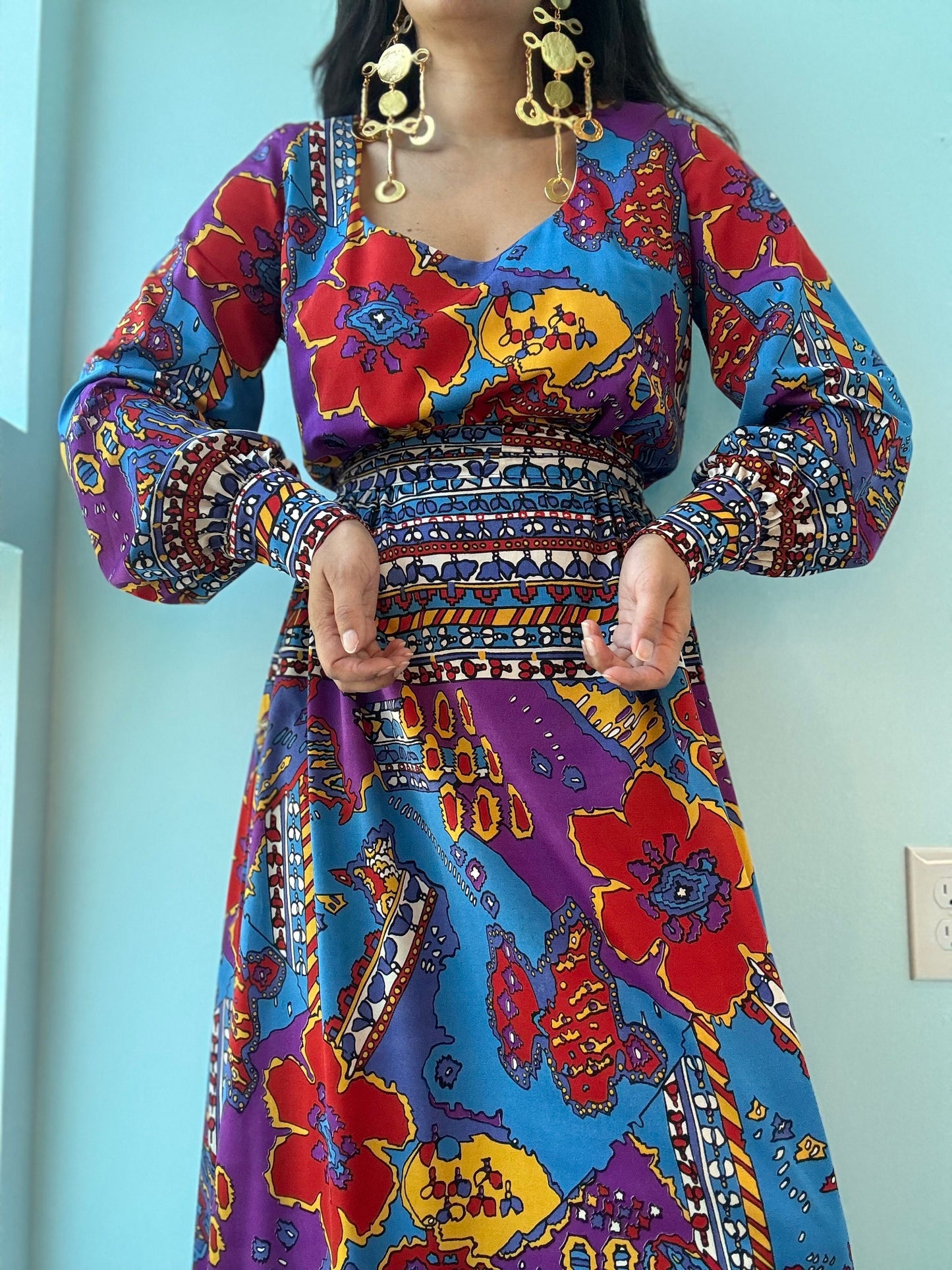 60s Clifton Wilhite Dallas Psychedelic Print Long Sleeve Silk Jersey Maxi