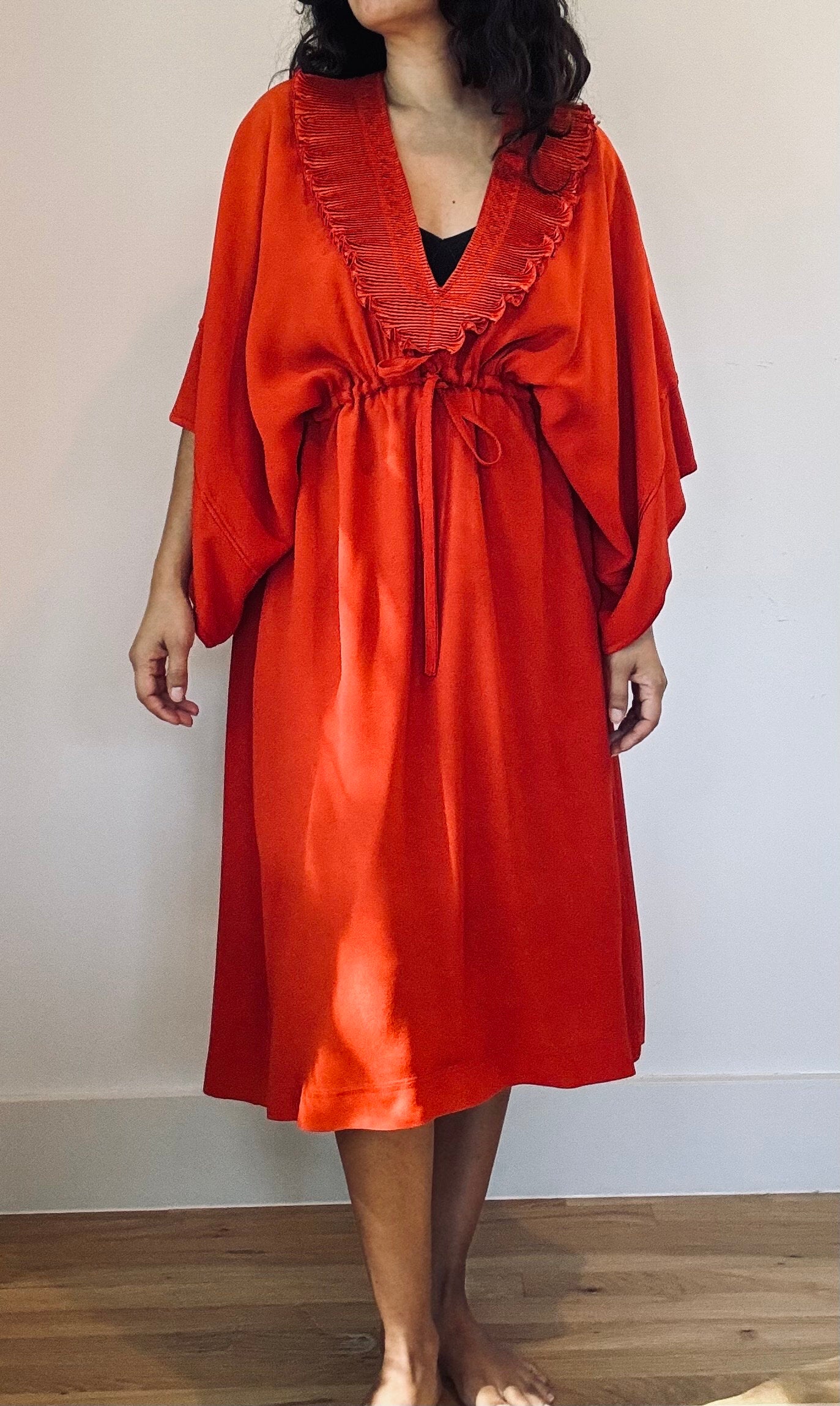 Vintage Zandra Rhodes Orange Red Ruffled Neck Caftan