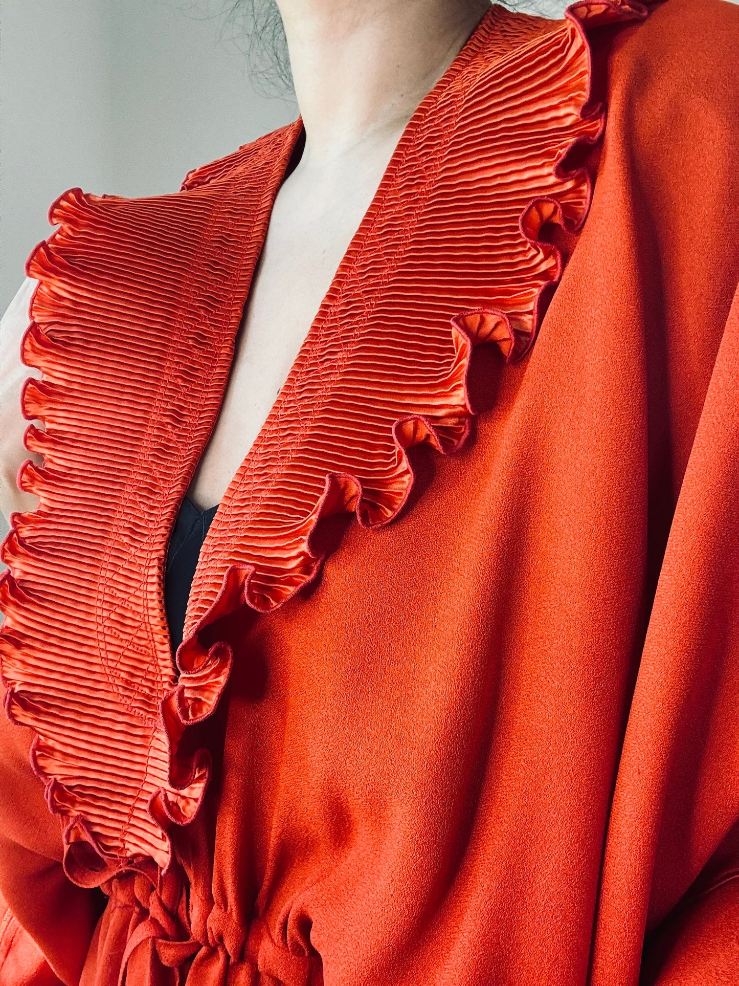 Vintage Zandra Rhodes Orange Red Ruffled Neck Caftan