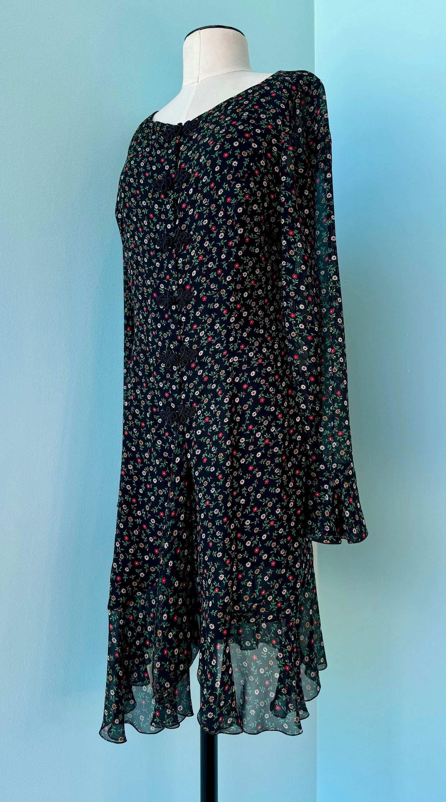 90s Valentino Night Floral Silk Chiffon Grunge Era Mini Dress