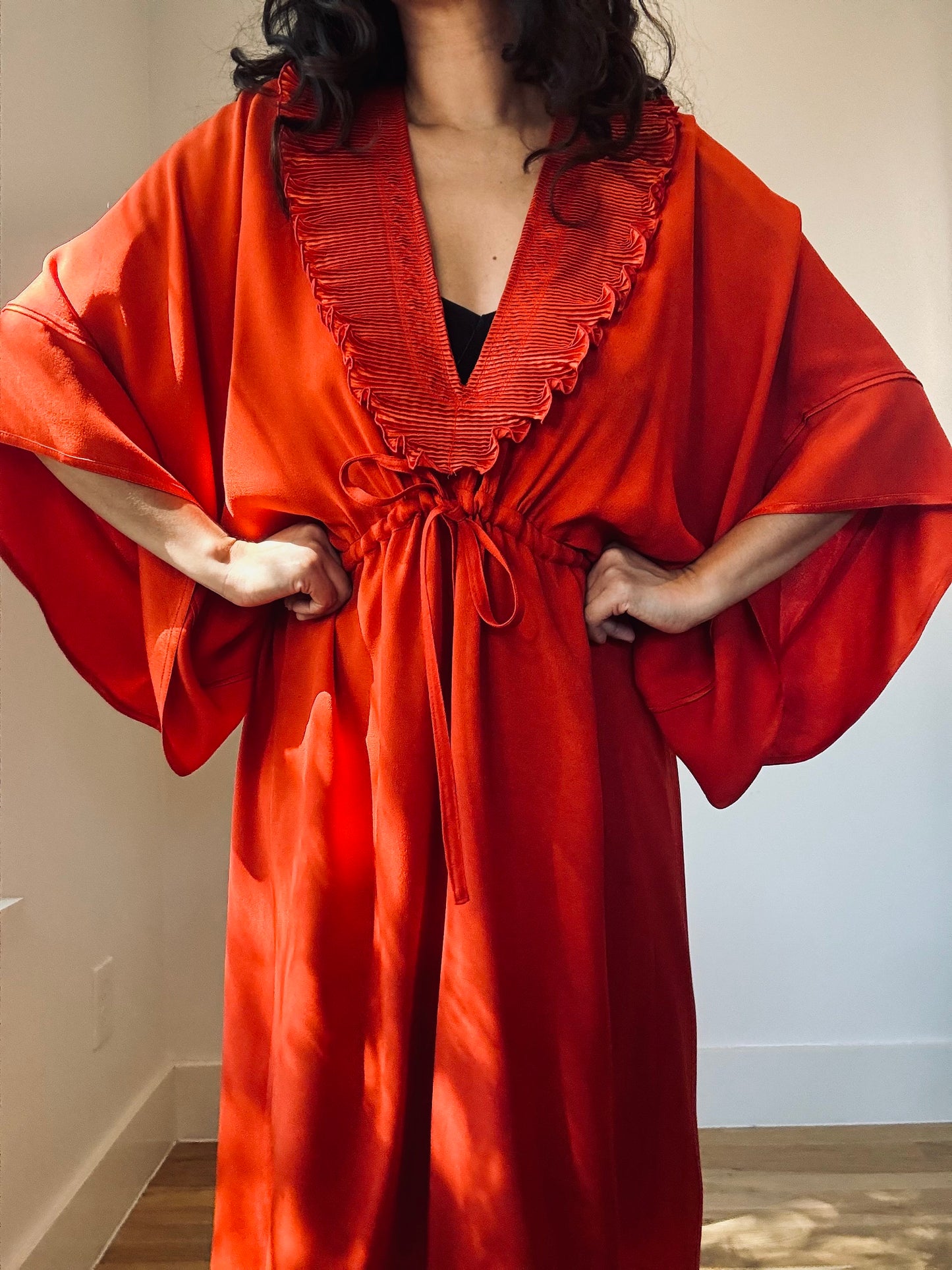 Vintage Zandra Rhodes Orange Red Ruffled Neck Caftan