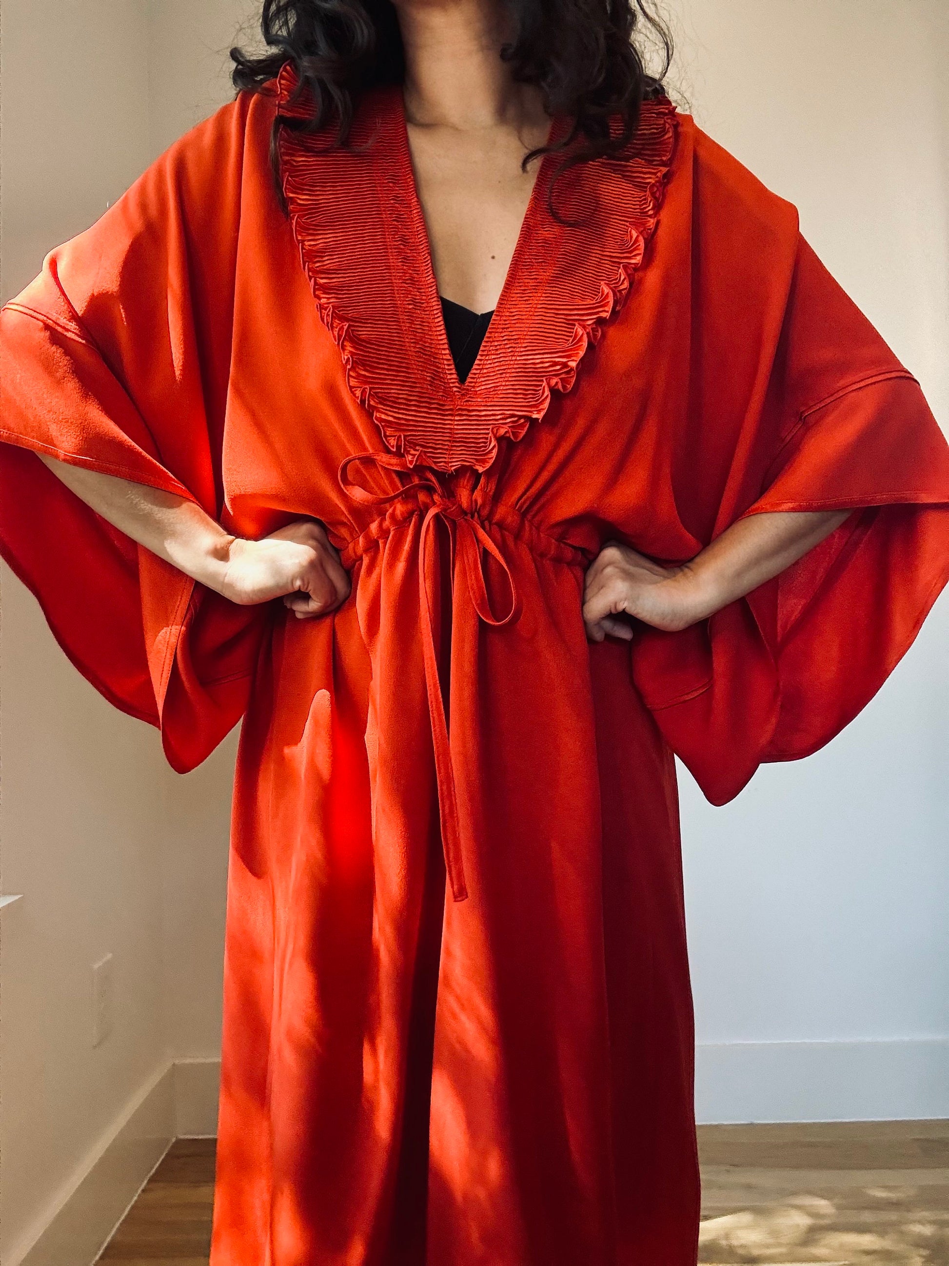 Vintage Zandra Rhodes Orange Red Ruffled Neck Caftan