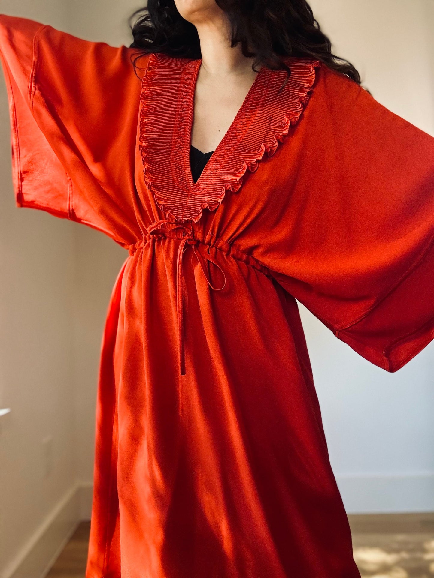 Vintage Zandra Rhodes Orange Red Ruffled Neck Caftan