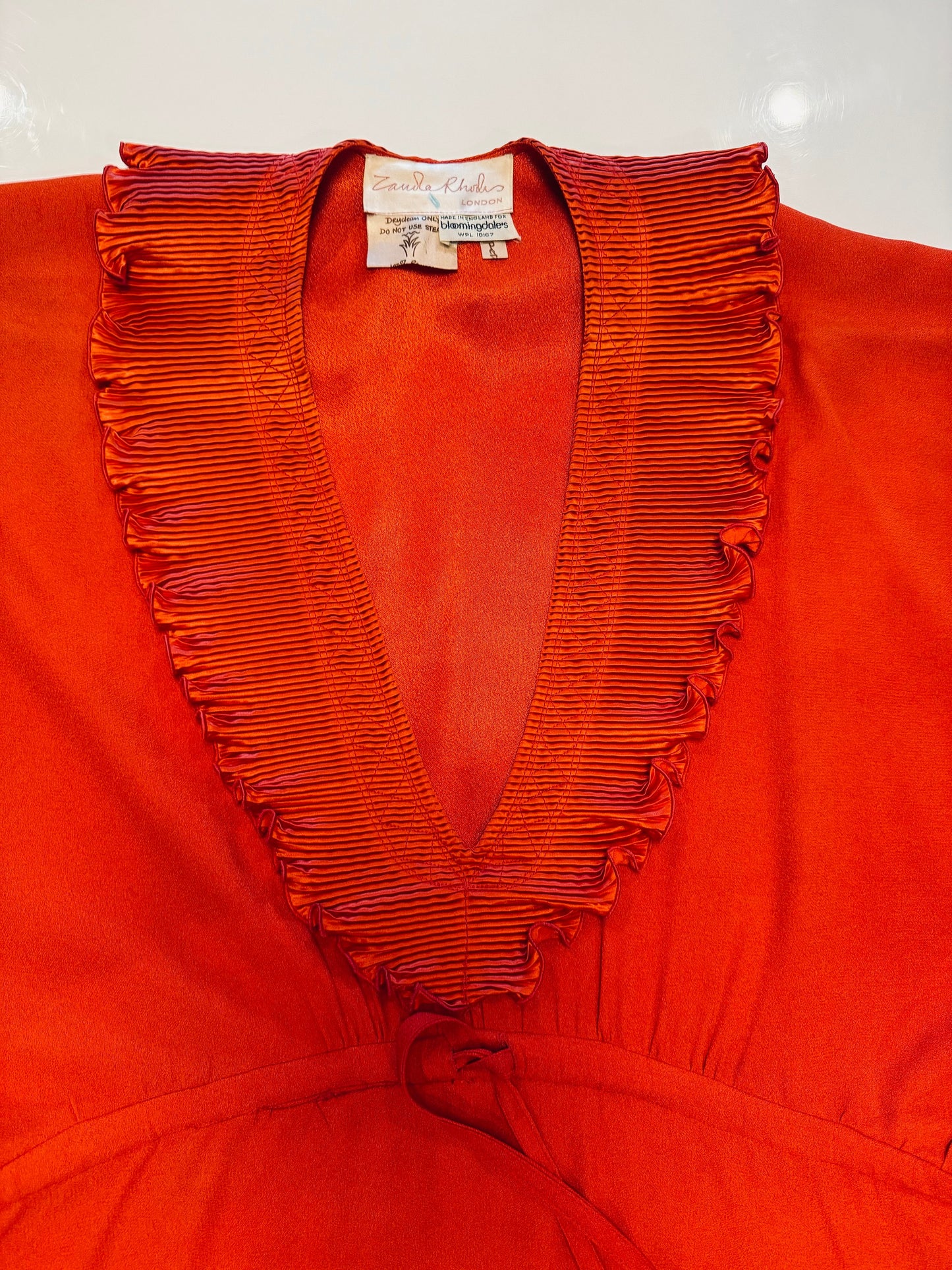 Vintage Zandra Rhodes Orange Red Ruffled Neck Caftan